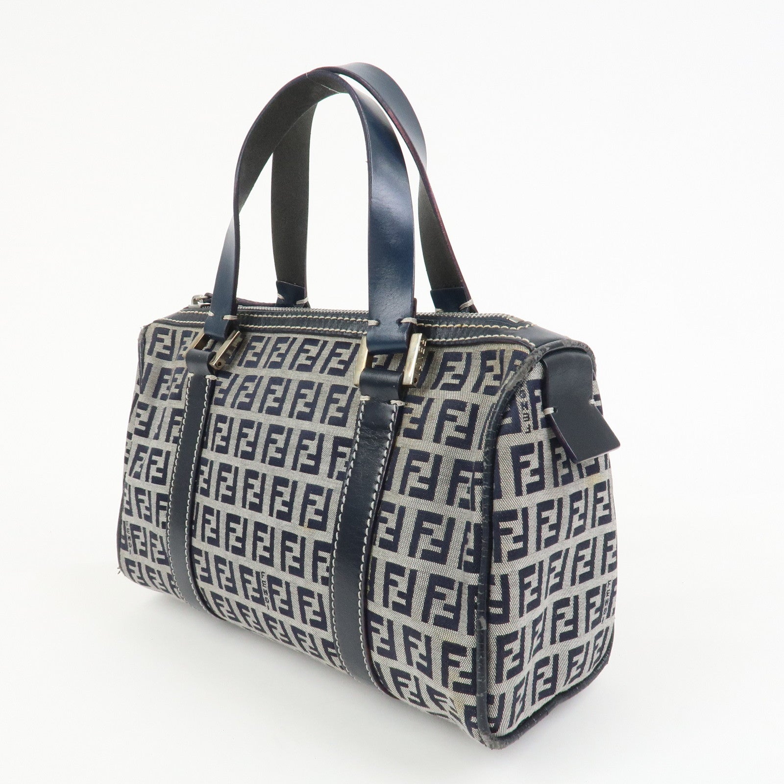 FENDI Zucchino Canvas Leather Hand Bag Mini Boston Bag Navy 16327