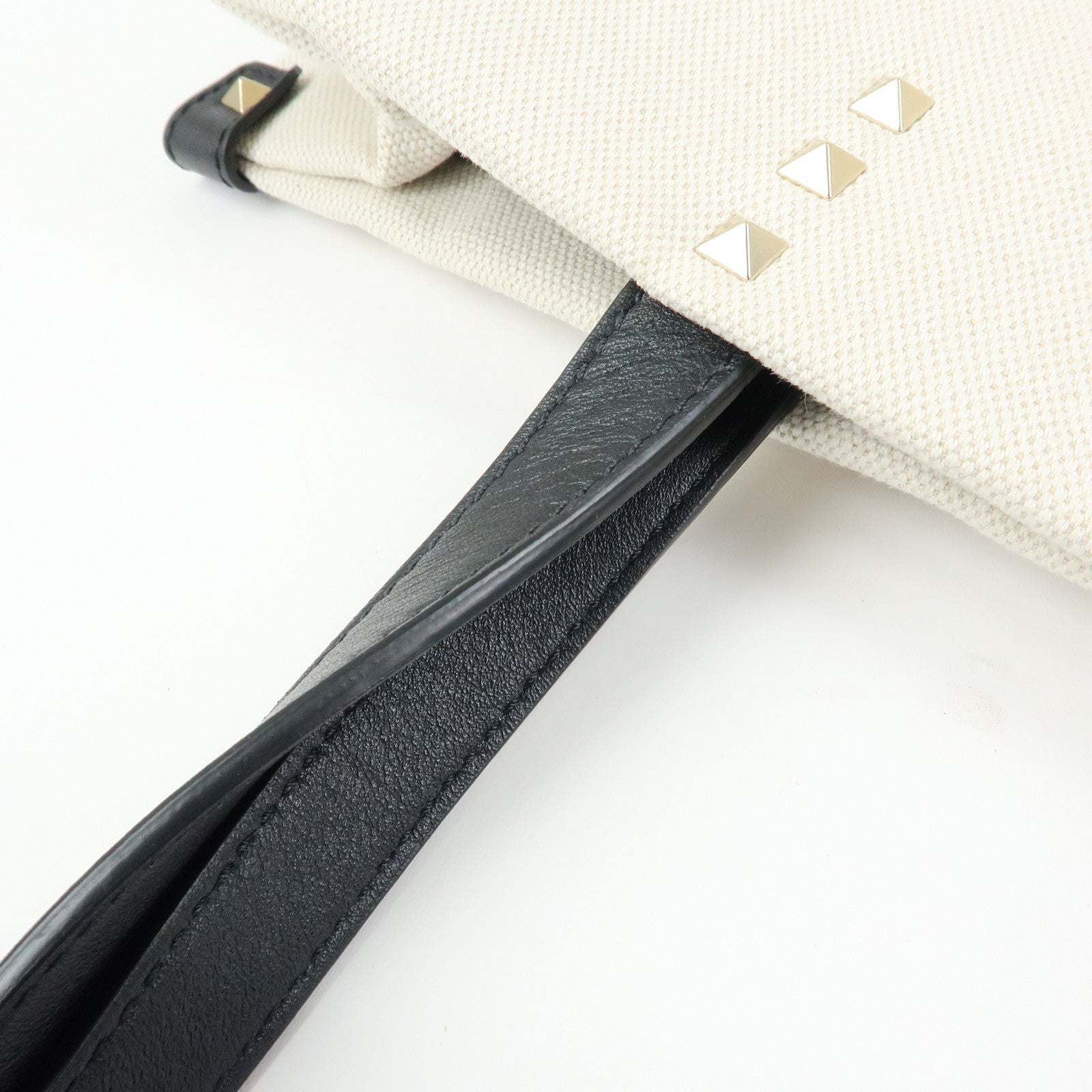 VALENTINO Rockstud Canvas Leather Tote Bag Hand Bag Natural Black