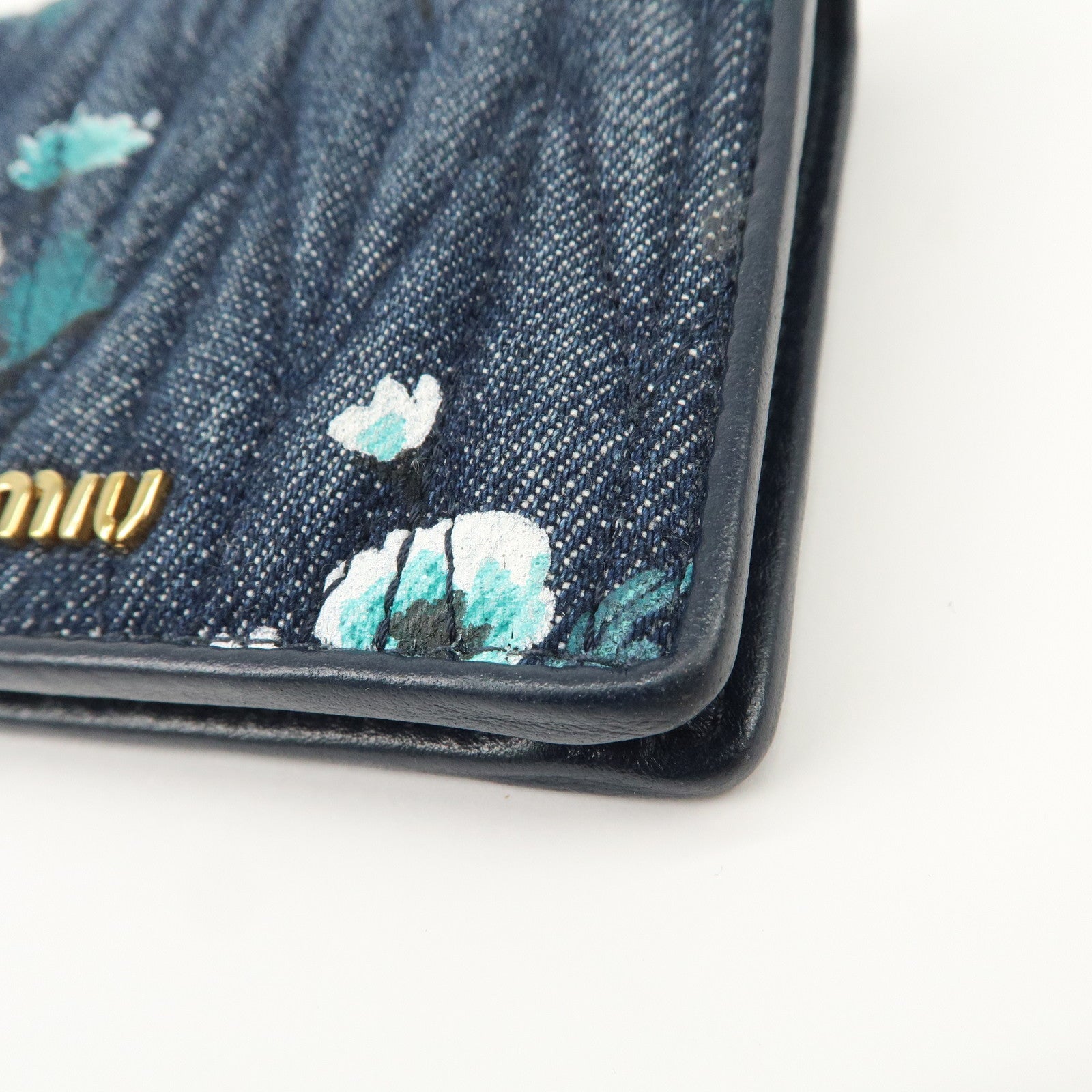 MIU MIU Matelasse Denim Leather Bi-fold Compact Wallet Indigo Blue 5MV204