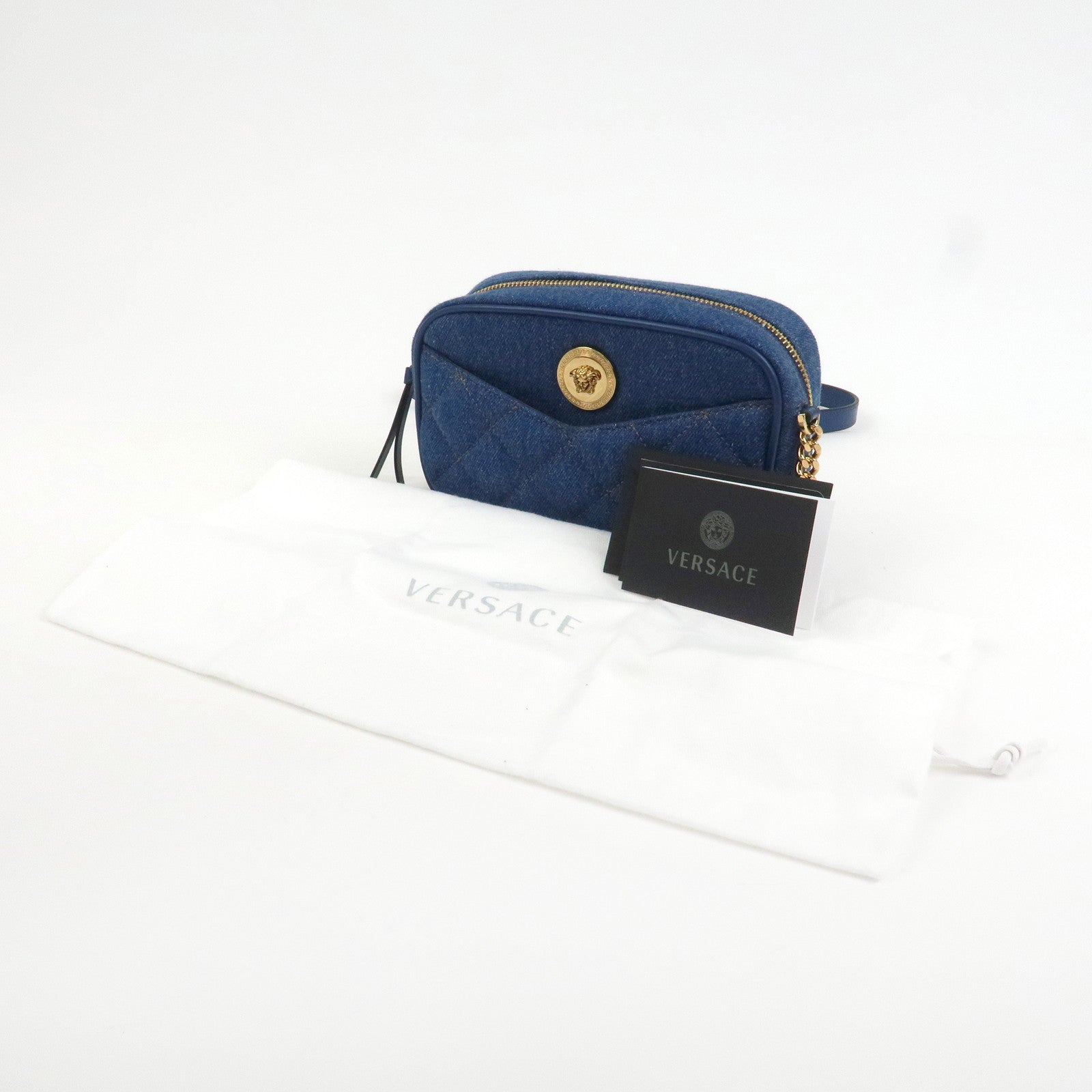 GIANNI VERSACE Denim Leather Chain Shoulder Bag Blue