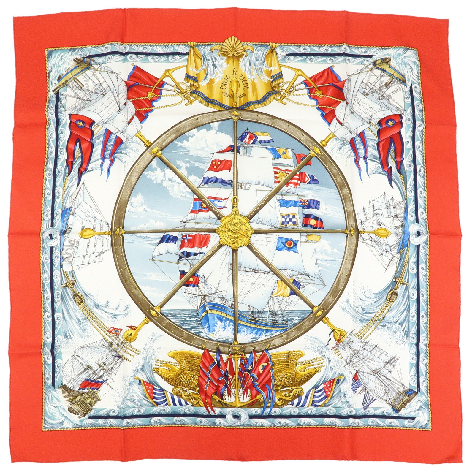 HERMES Carre 90 Silk 100% Scarf VIVE LE VENT Red White
