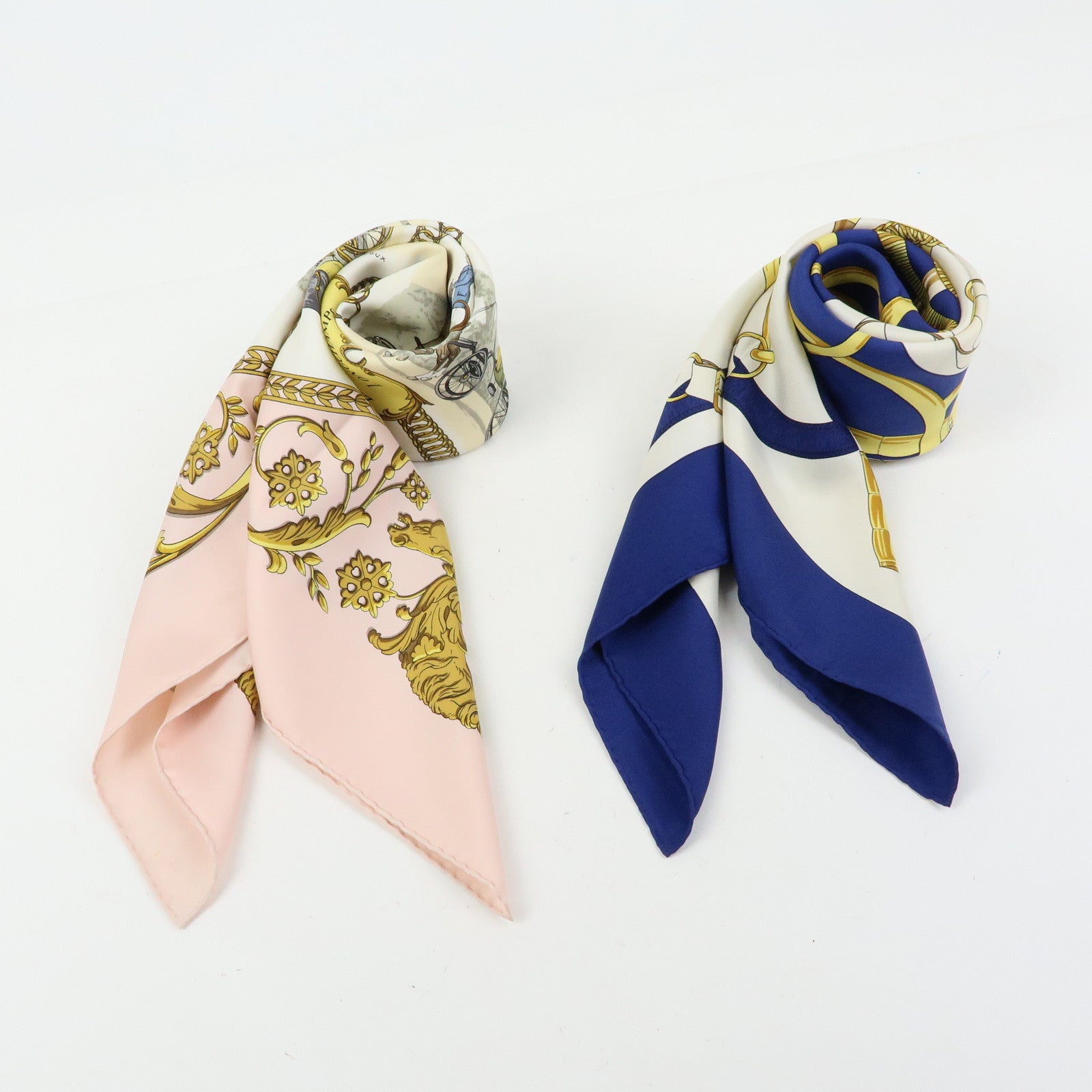 HERMES Carre 90 Set of 2 Silk 100% Scarf Light Pink Navy White