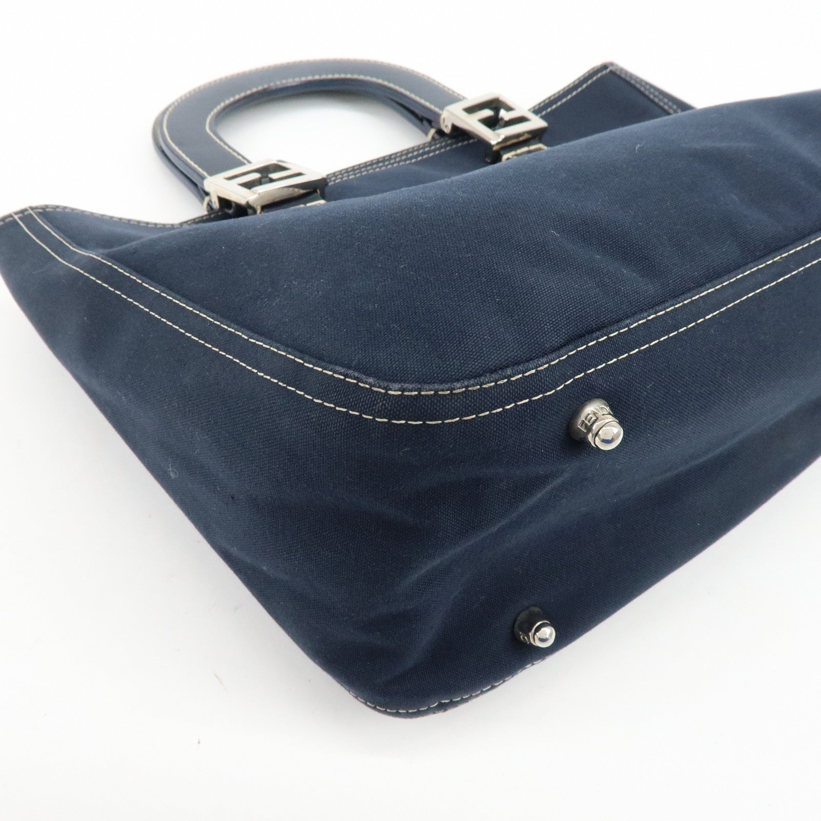 FENDI Canvas Leather Hand Bag Tote Bag Navy