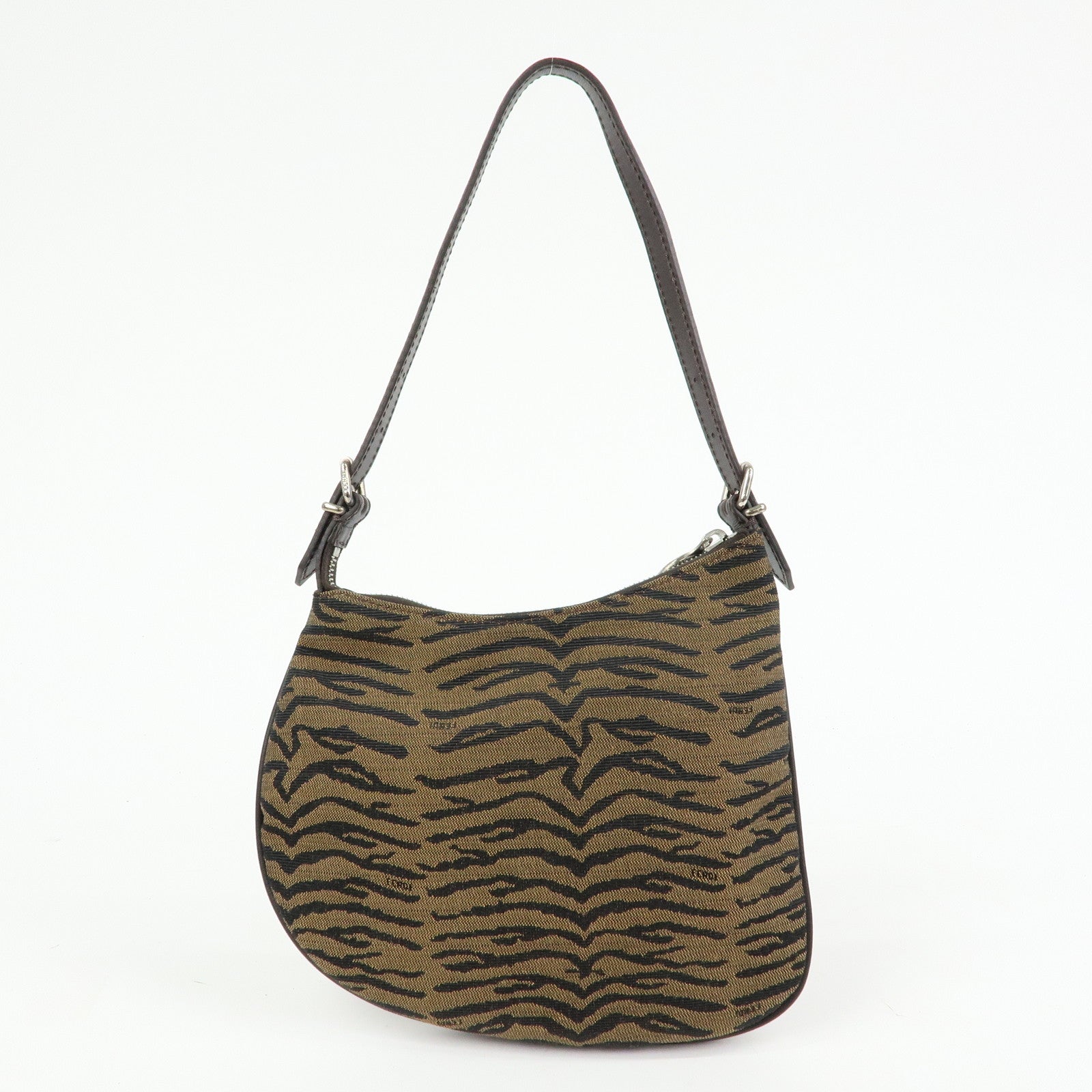 FENDI Canvas Leather Shoulder Bag Leopard Brown Black 8BR248