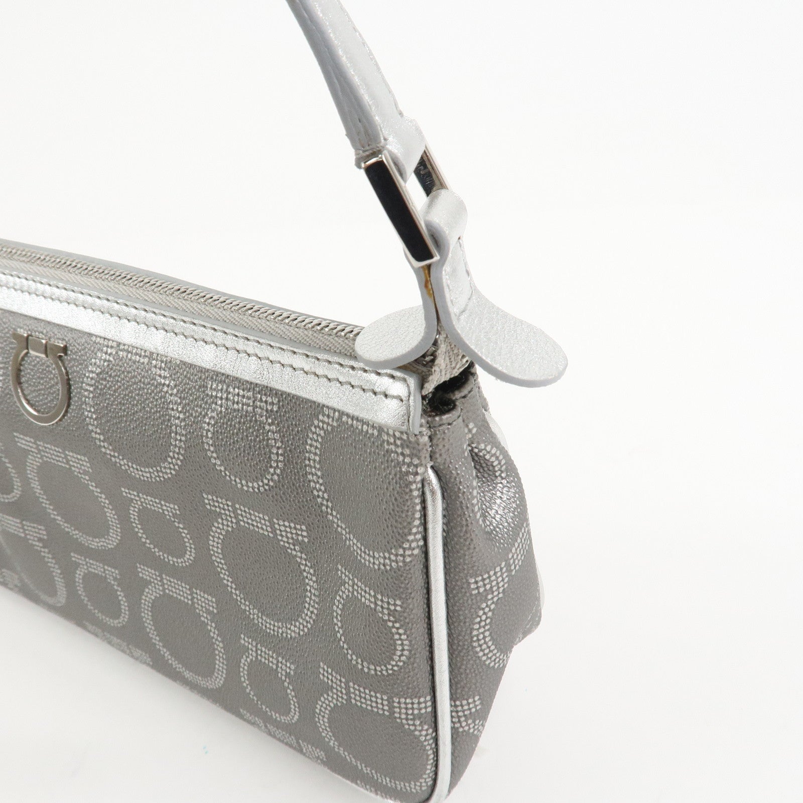 Ferragamo Gancini Logo Leather Shoulder Bag Hand Bag Silver