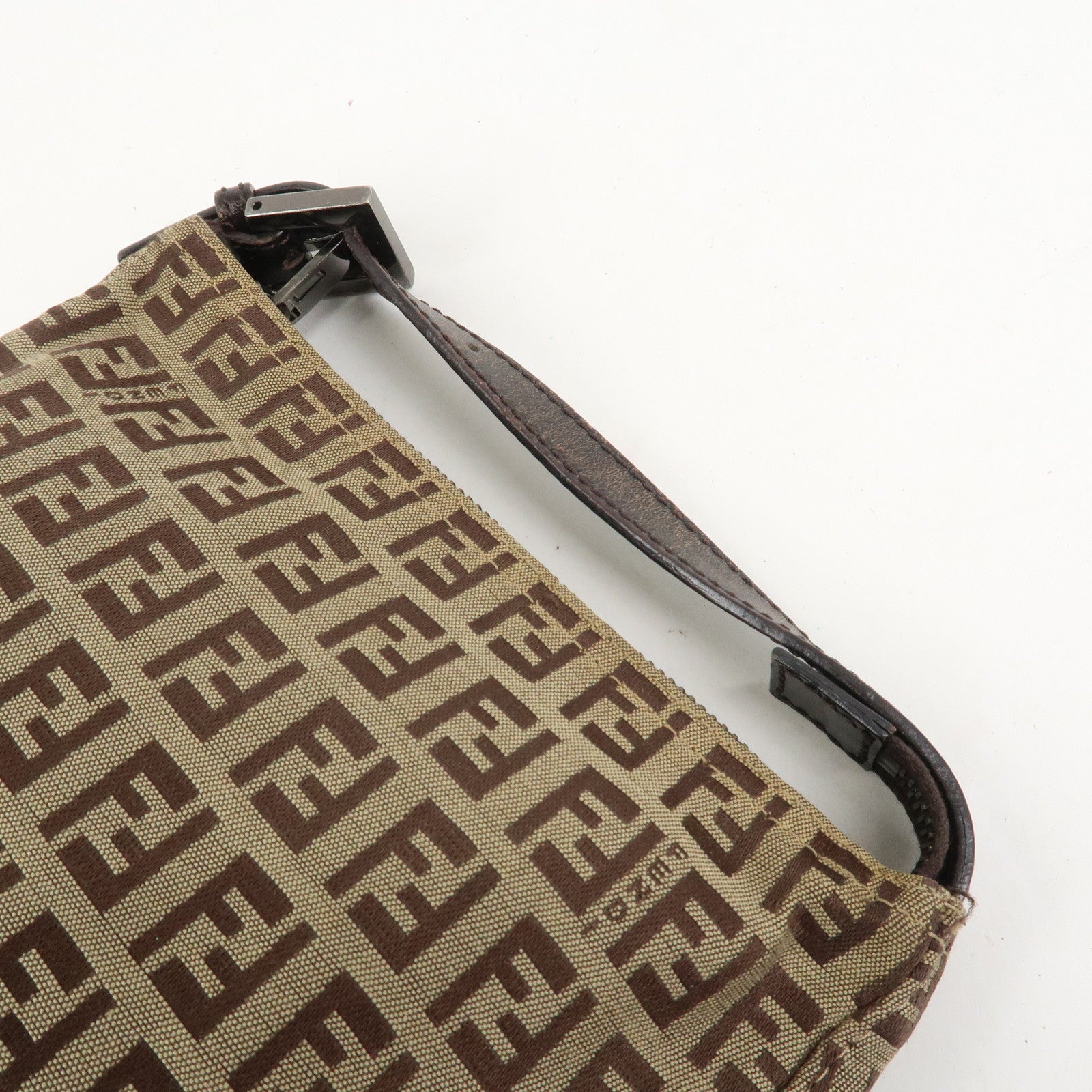 FENDI Zucchino Canvas Leather Hand Bag Pouch Bag Brown 8N0001