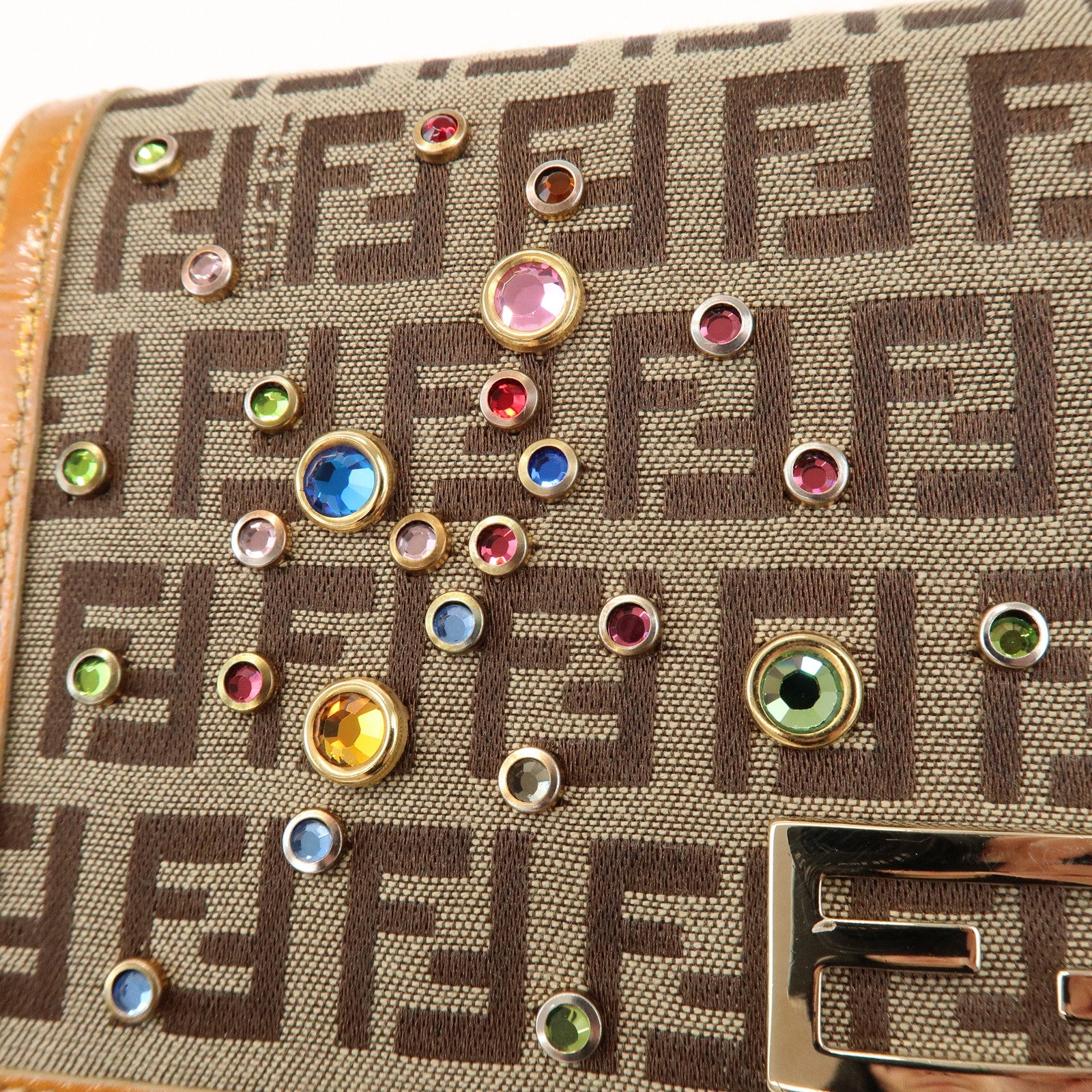 FENDI Zucchino Canvas Leather Chain Long Wallet Brown Gold 8M0219