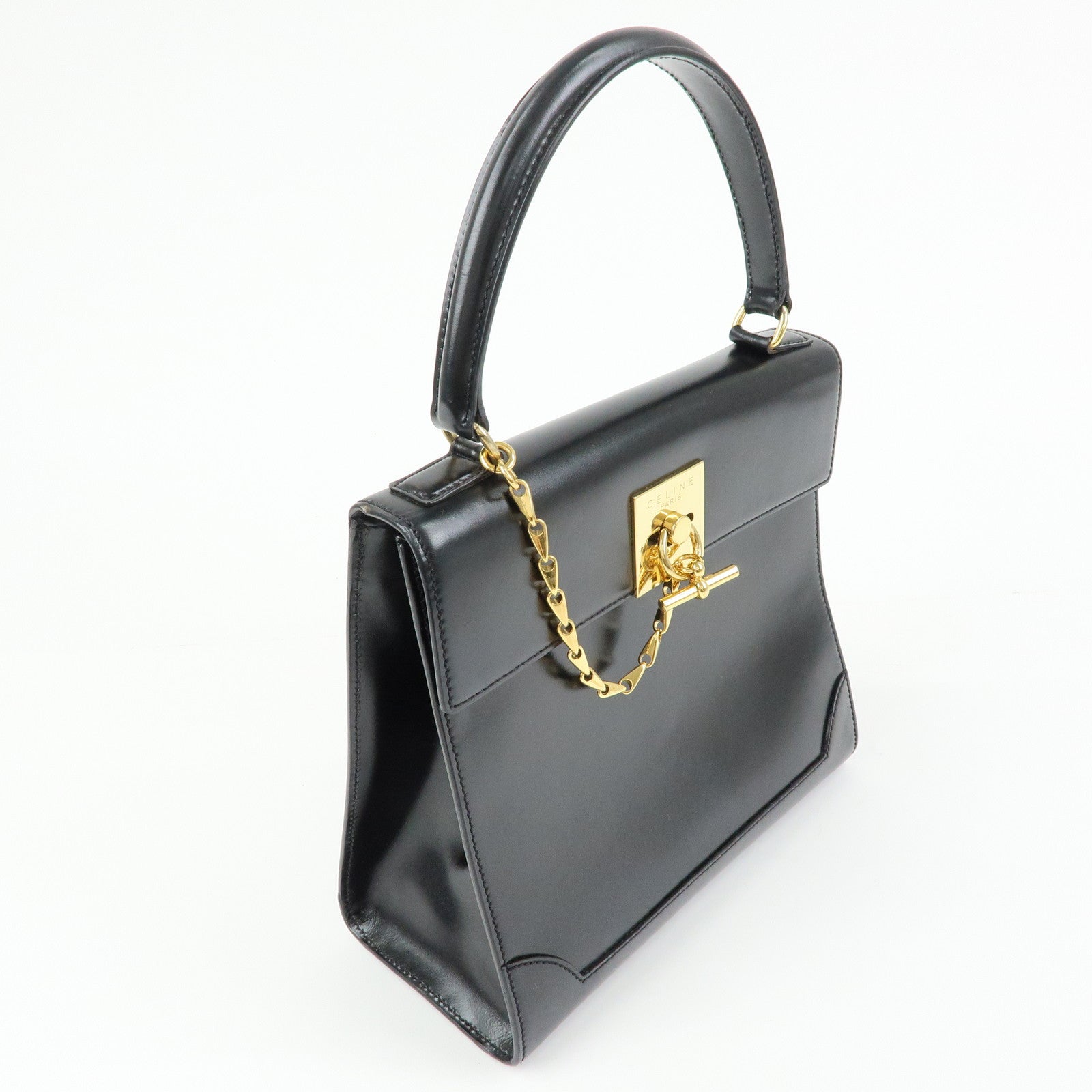 CELINE Leather Hand Bag Top-handle Bag Black Gold Chain