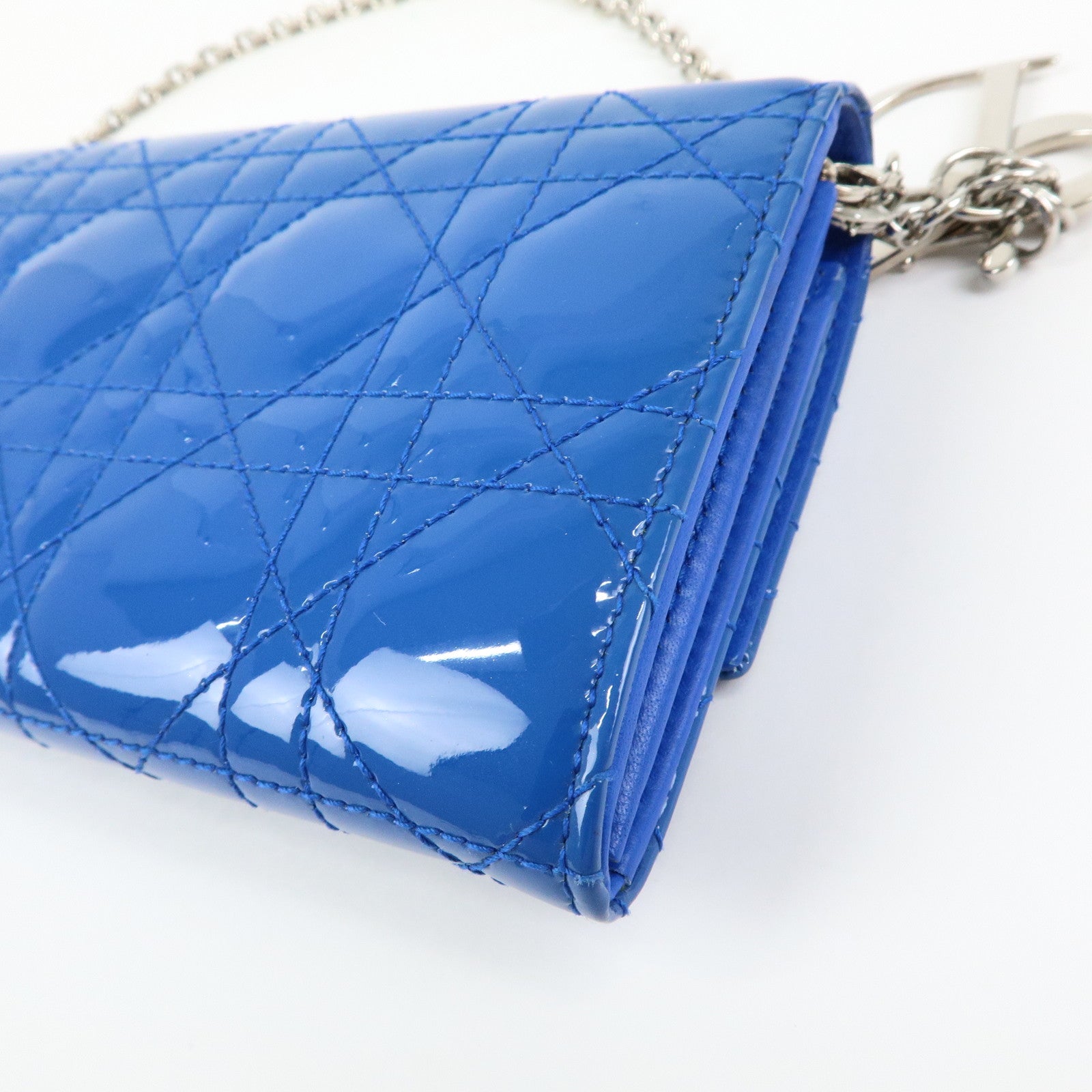 Christian Dior Cannage Patent Leather Chain Wallet WOC Blue Silver