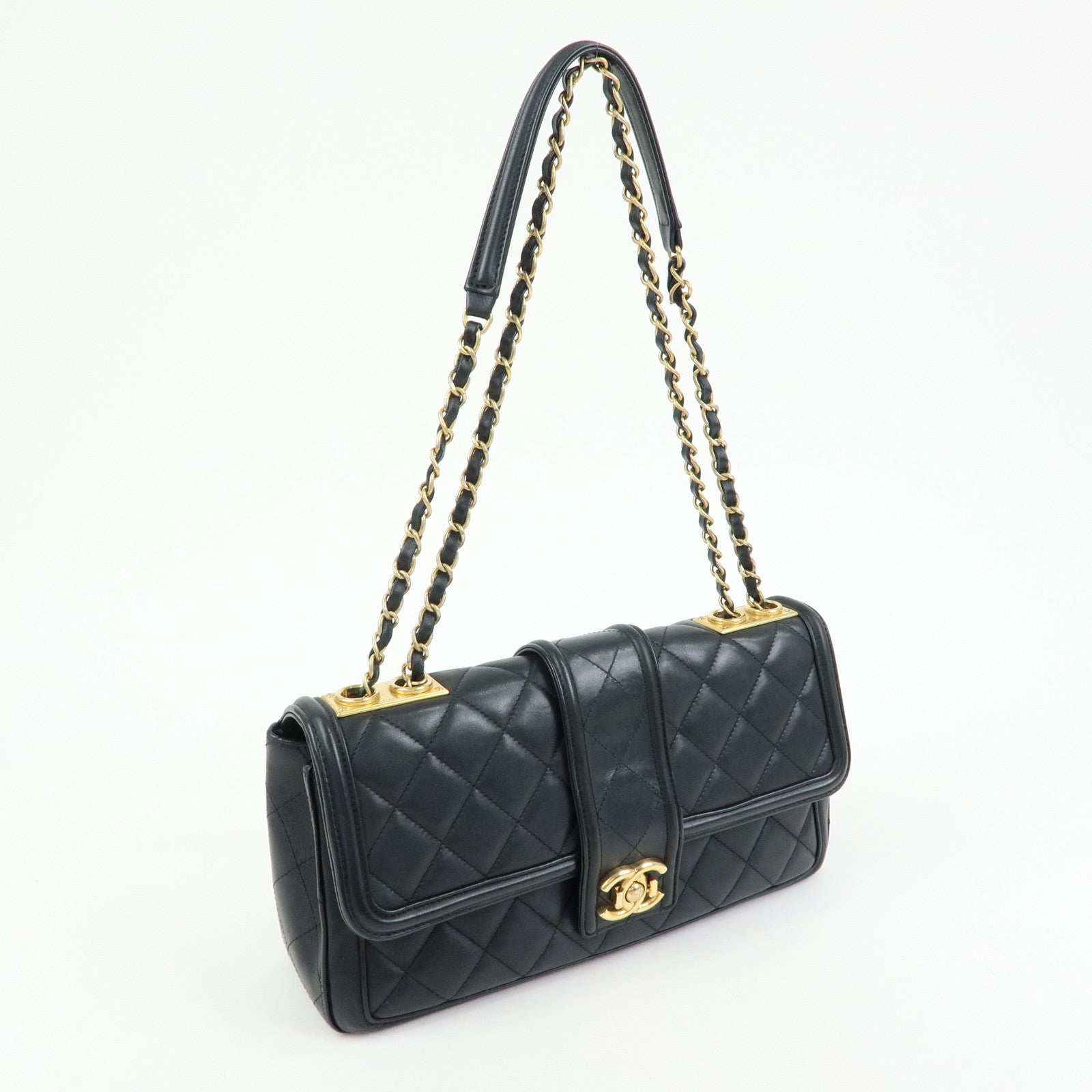 CHANEL Matelasse Lamb Skin Double Chain Single Flap Shoulder Bag