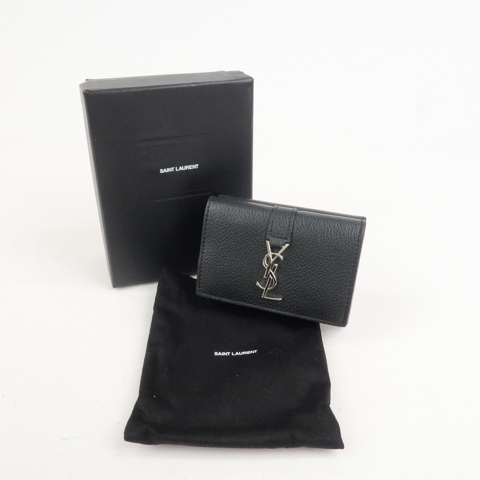 SAINT LAURENT Leather Tri-fold Compact Wallet Black Silver HDW