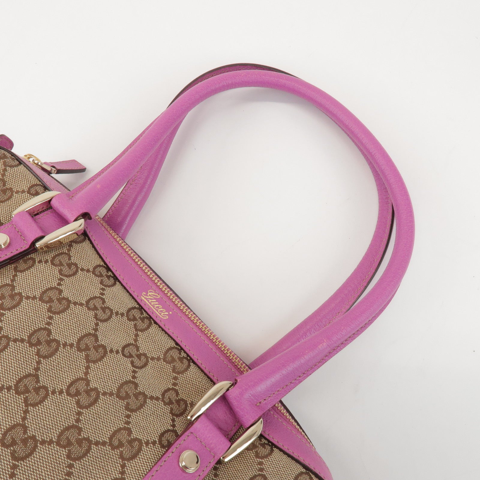 GUCCI Abbey GG Canvas Leather Mini Boston Bag Beige Fuchsia 130942