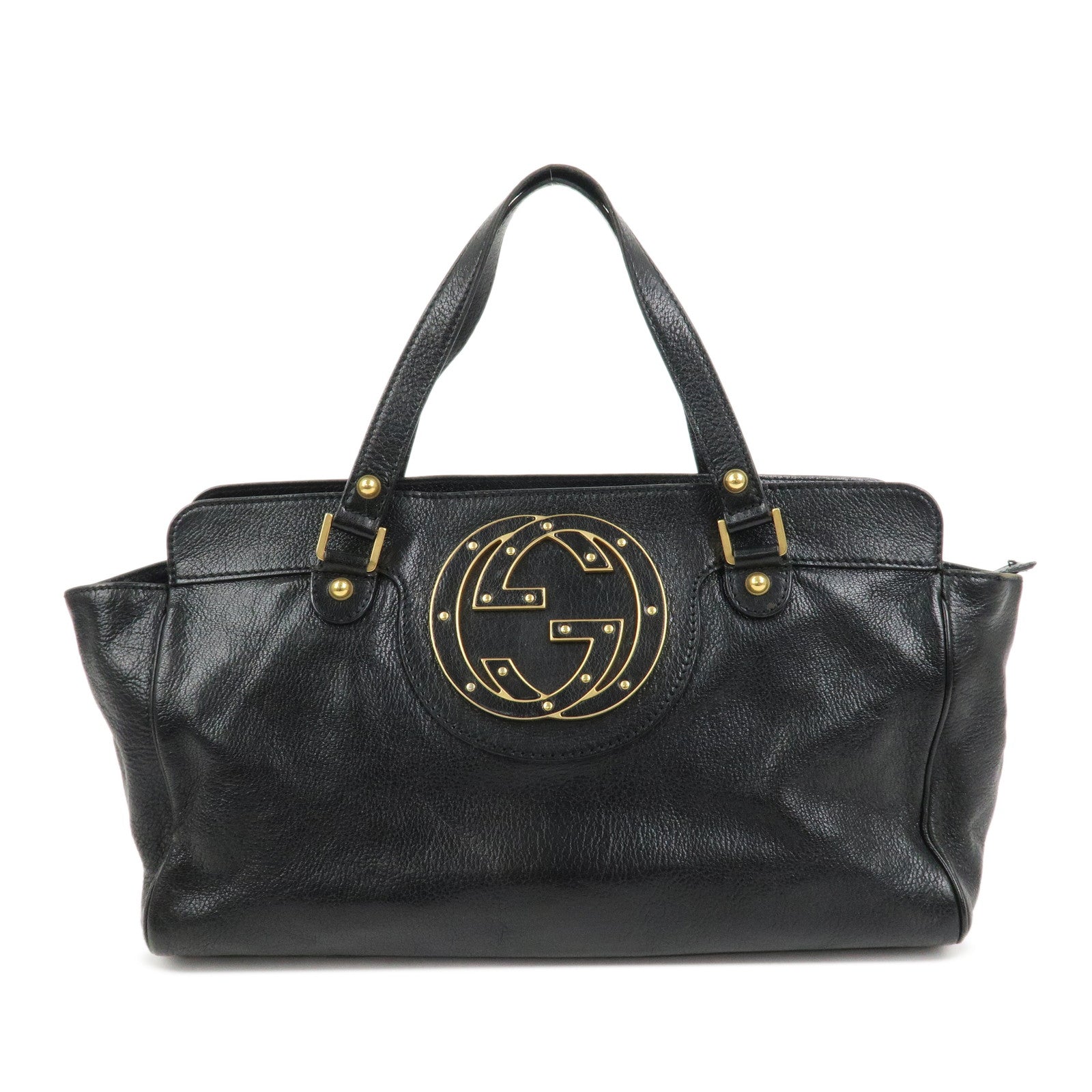 GUCCI Interlocking G Leather Blondie Studs Hand Bag Black 121551