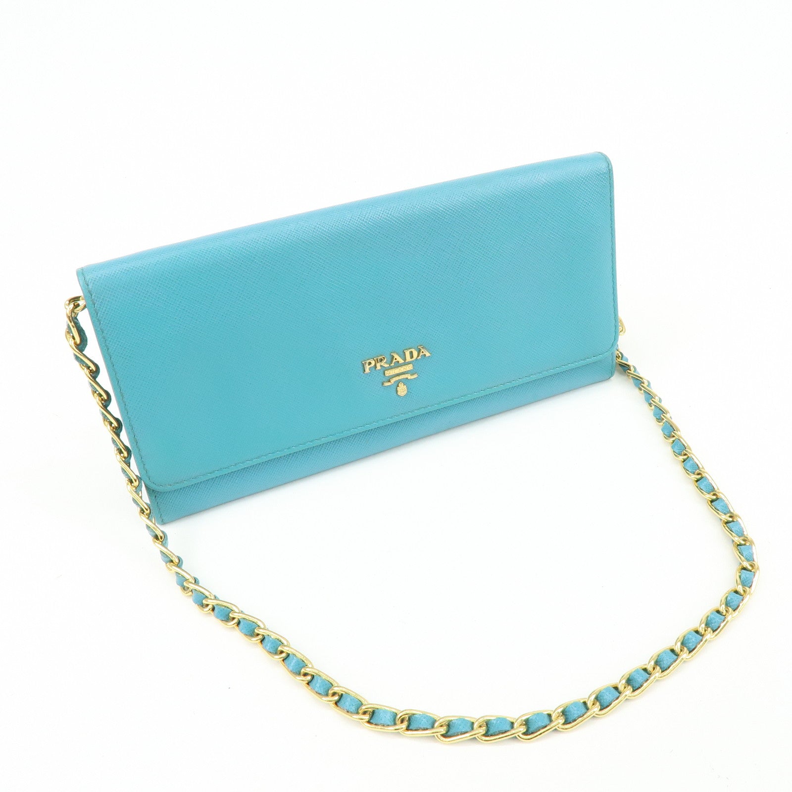 PRADA Saffiano Leather Chain Wallet Shoulder Bag Blue 1M1290