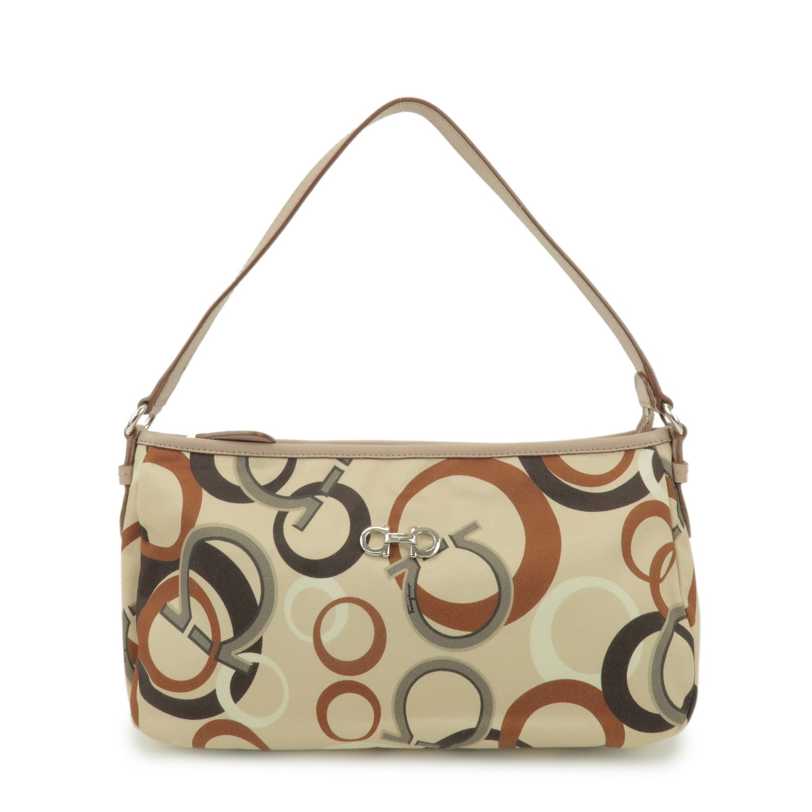 Ferragamo Gancini Nylon Leather Hand Bag Shoulder Bag Beige Brown