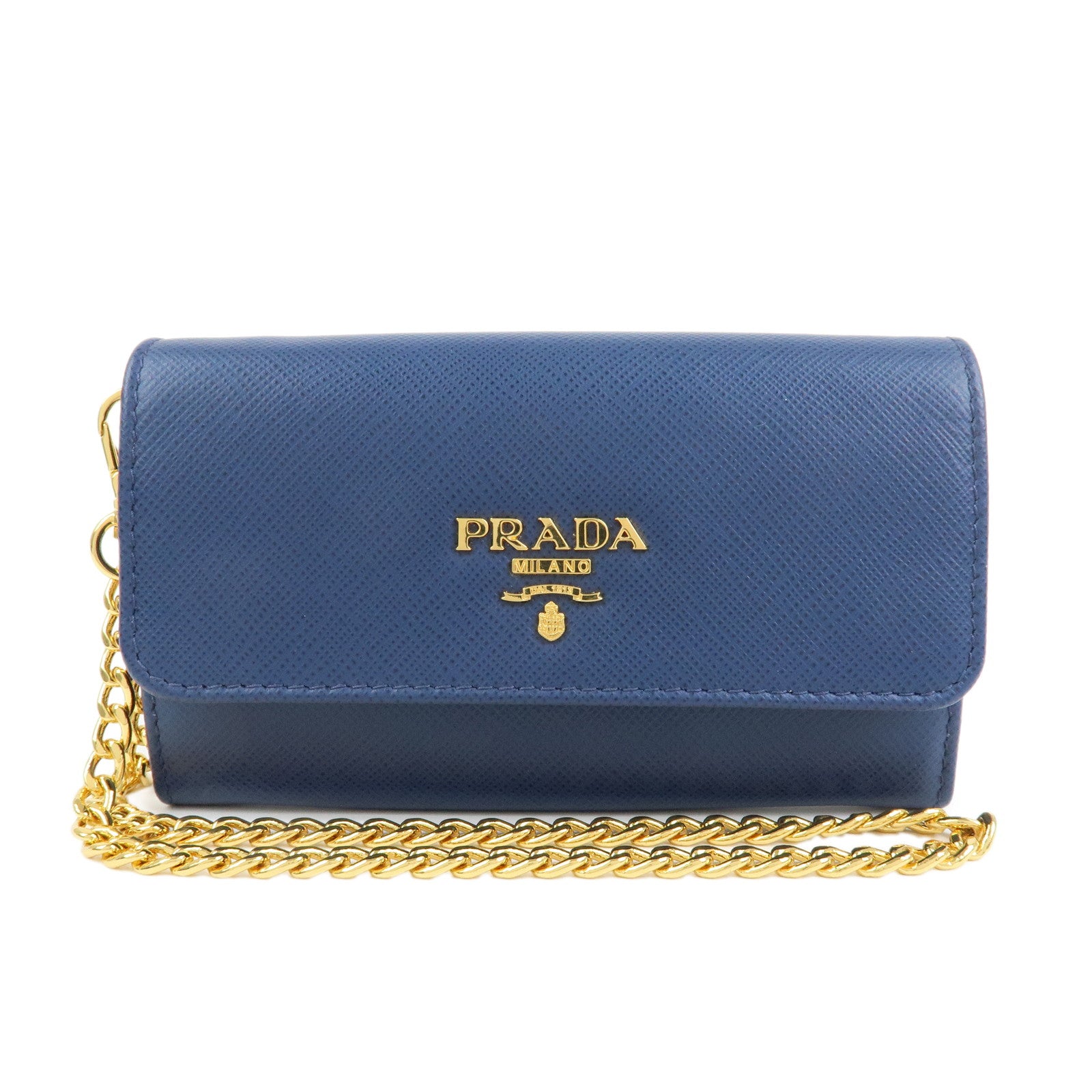 PRADA Saffiano Leather Compact Wallet Card Case Blue 1MC015