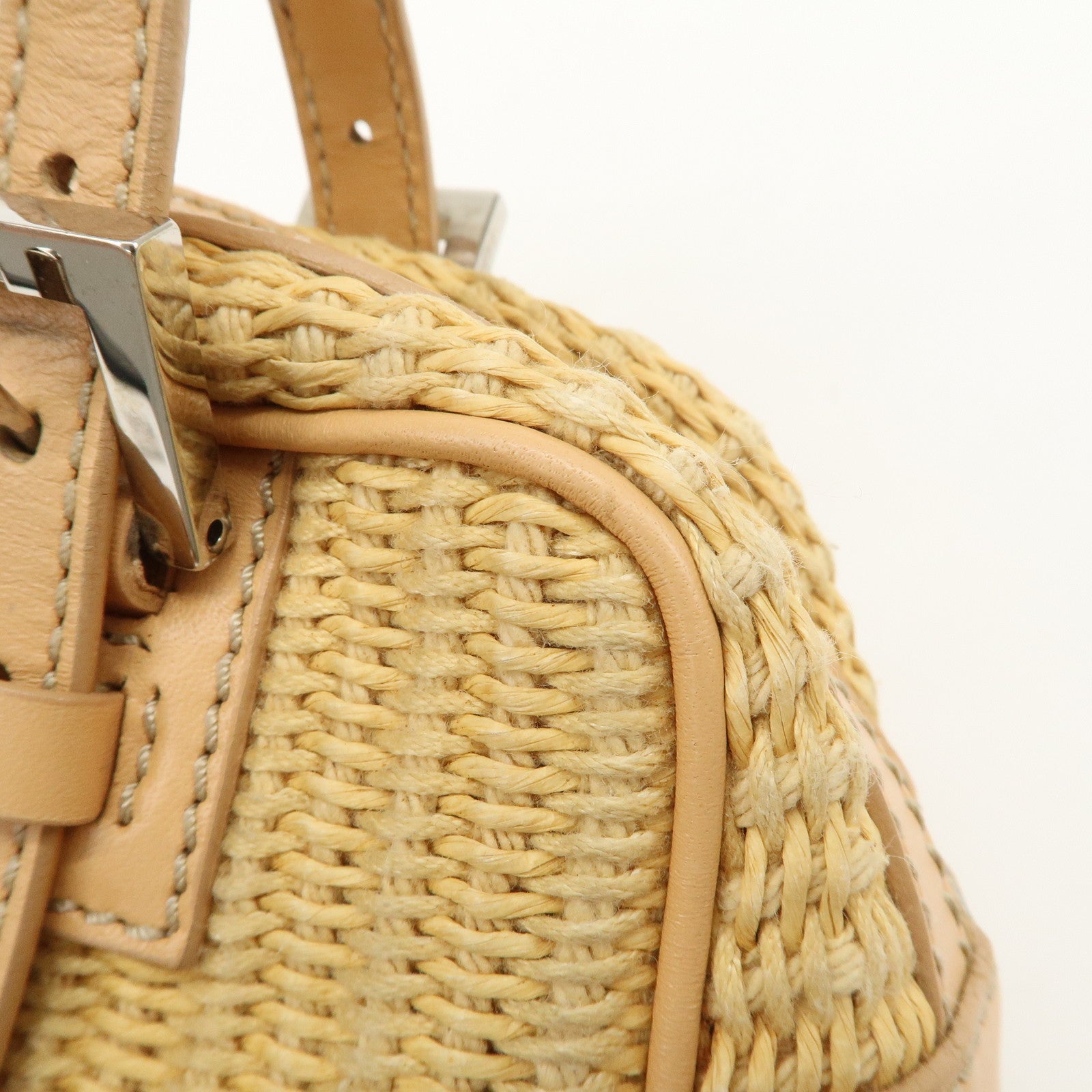 FENDI Raffia Leather Small Boston Hand Shoulder Bag Natural 8BN004