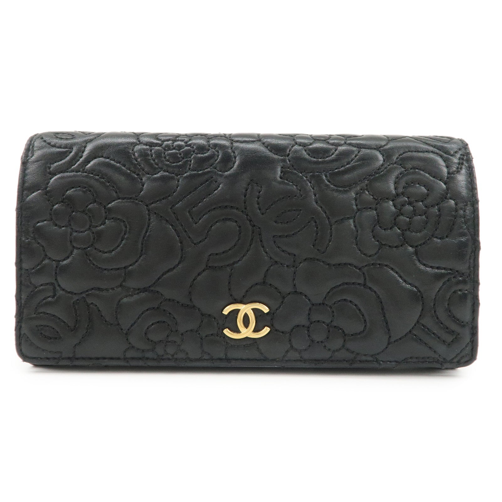 CHANEL Camelia No.5 COCO Mark Lamb Skin Bi-fold Long Wallet A70619 Used