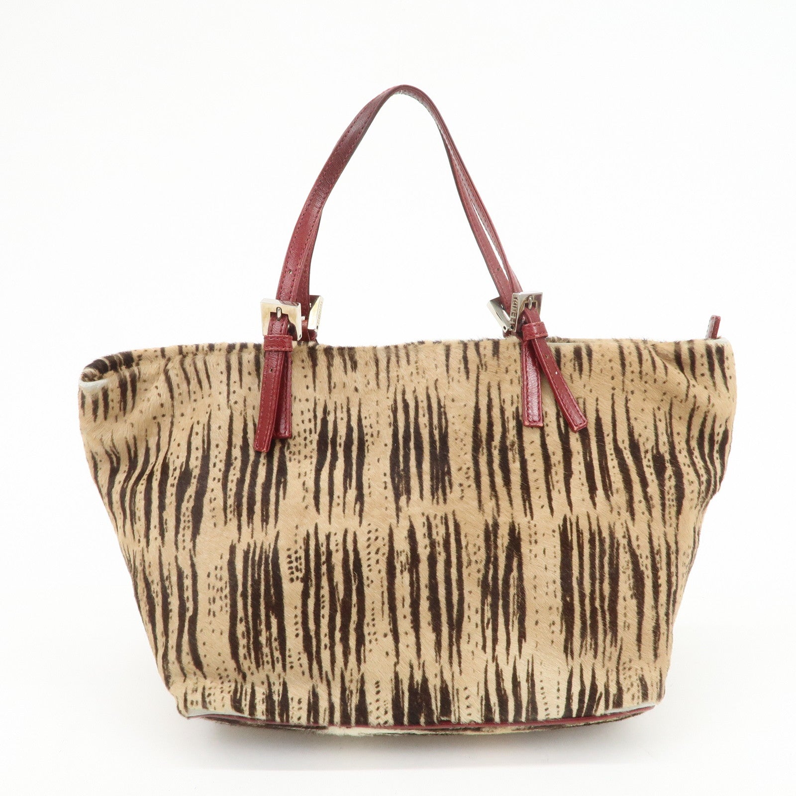 FENDI Calf Hair Leather Tote Bag Hand Bag Beige Red 26634