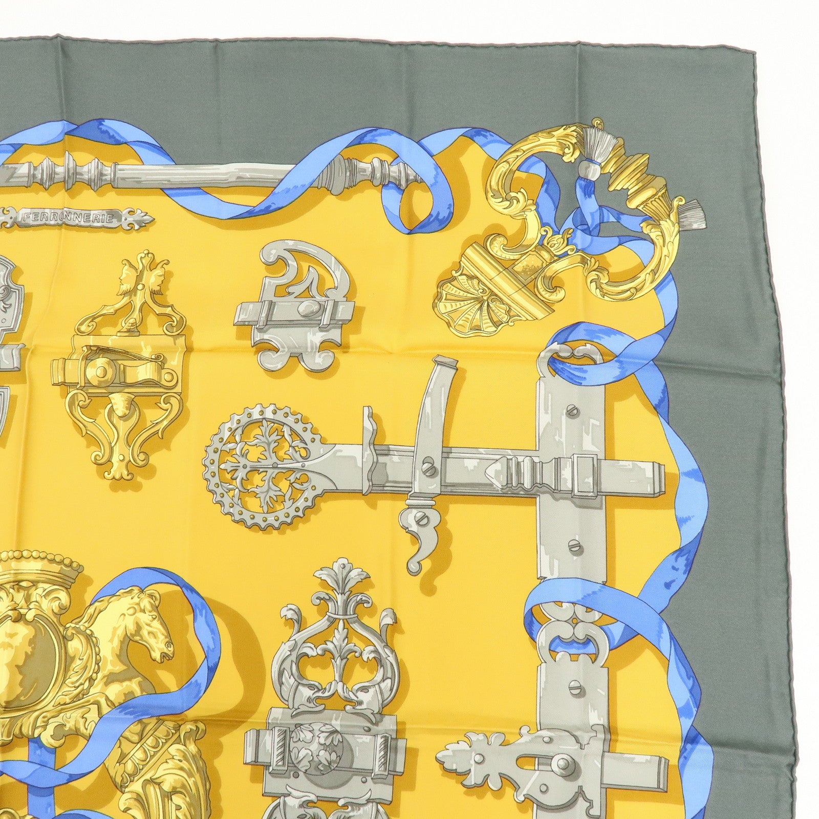 HERMES Carre 90 Silk 100% Scarf Ferronnerie Gray Gold