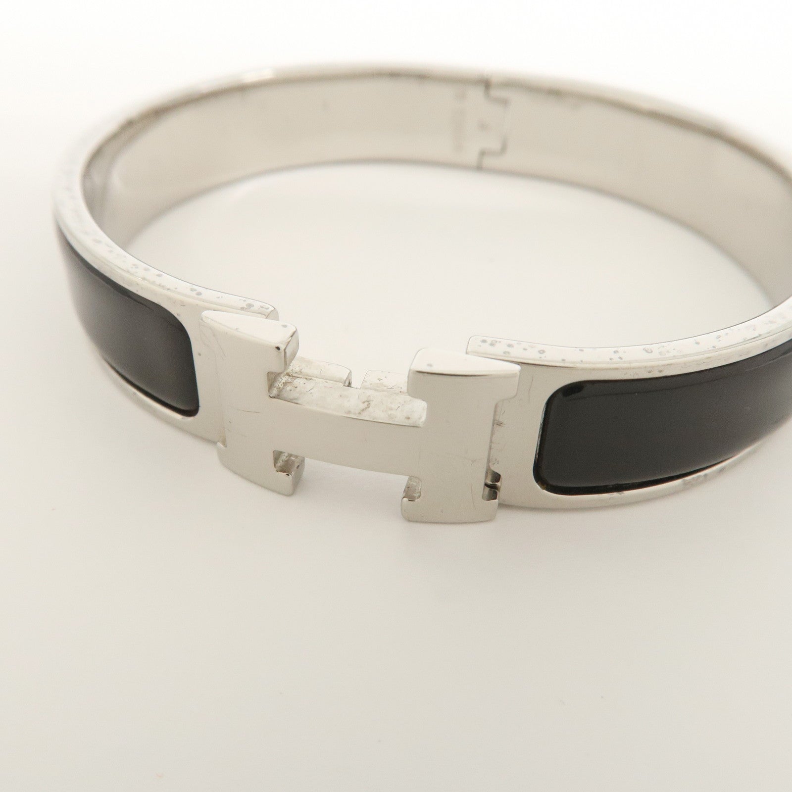 HERMES Clic Clac PM Metal Bracelet Bangle Silver Dark Brown