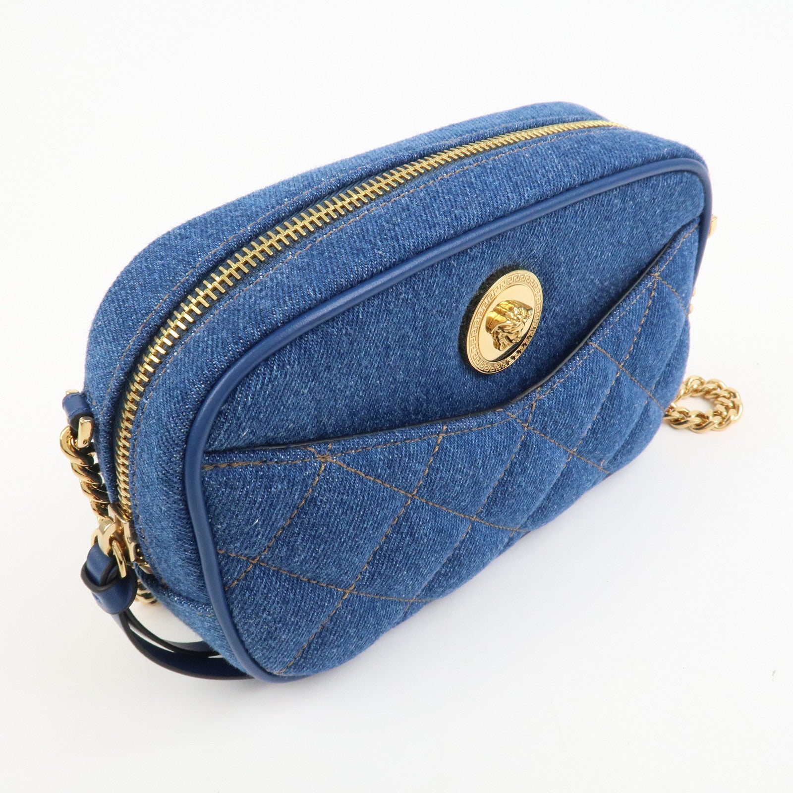 GIANNI VERSACE Denim Leather Chain Shoulder Bag Blue