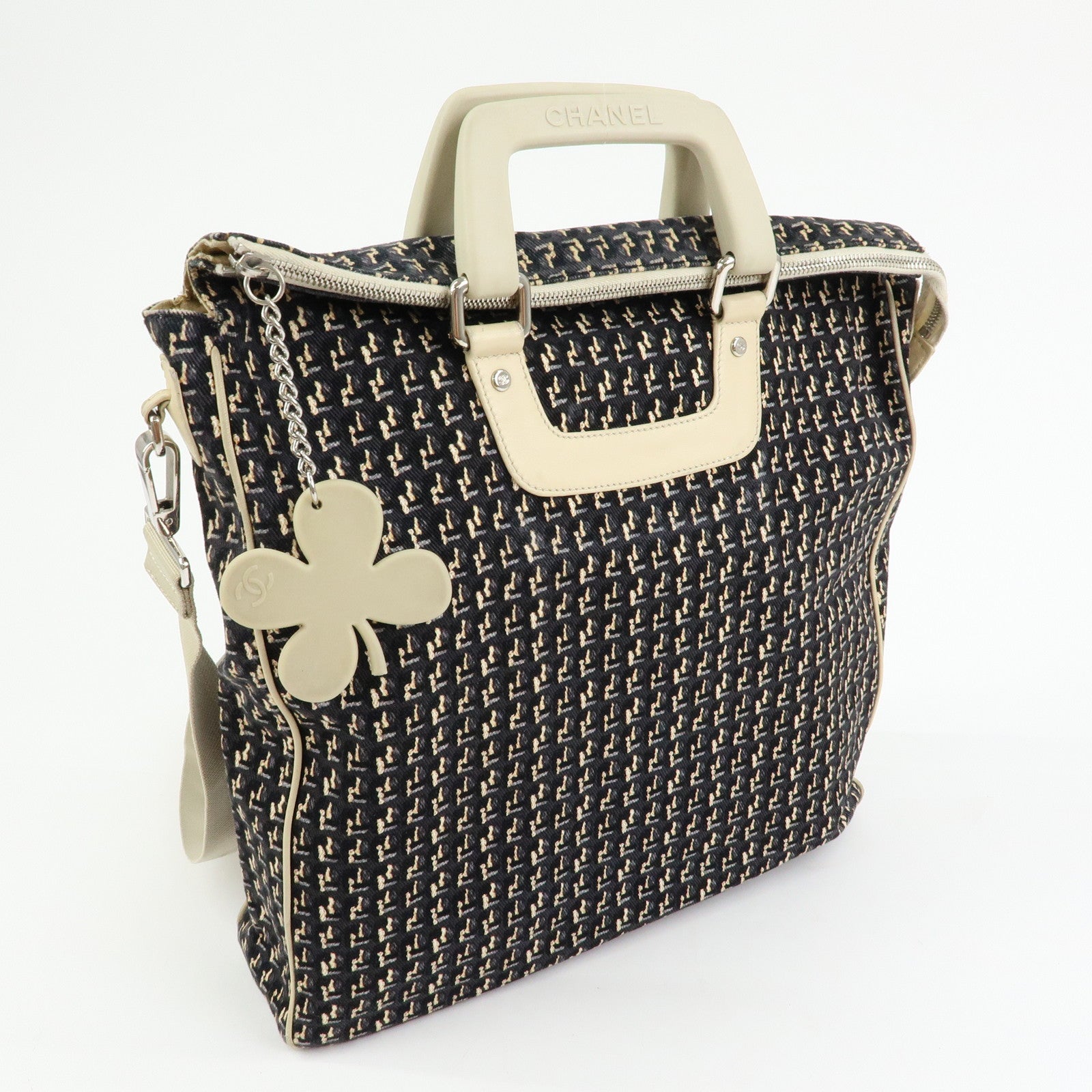 CHANEL Canvas Leather 2Way Bag Hand Bag Shoulder Bag Black Ivory