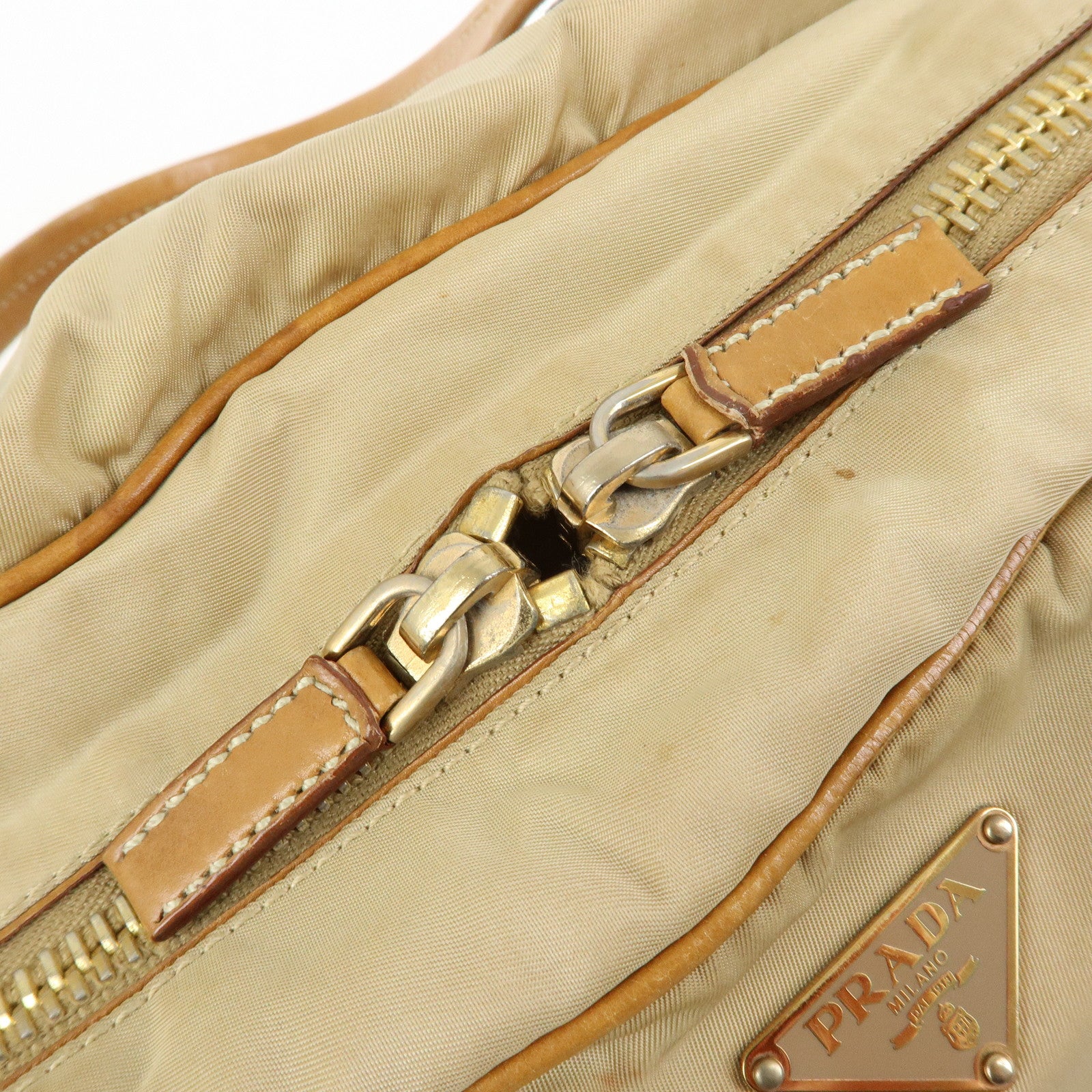 PRADA Triangle Logo Nylon Leather Shoulder Hand Bag Beige Brown