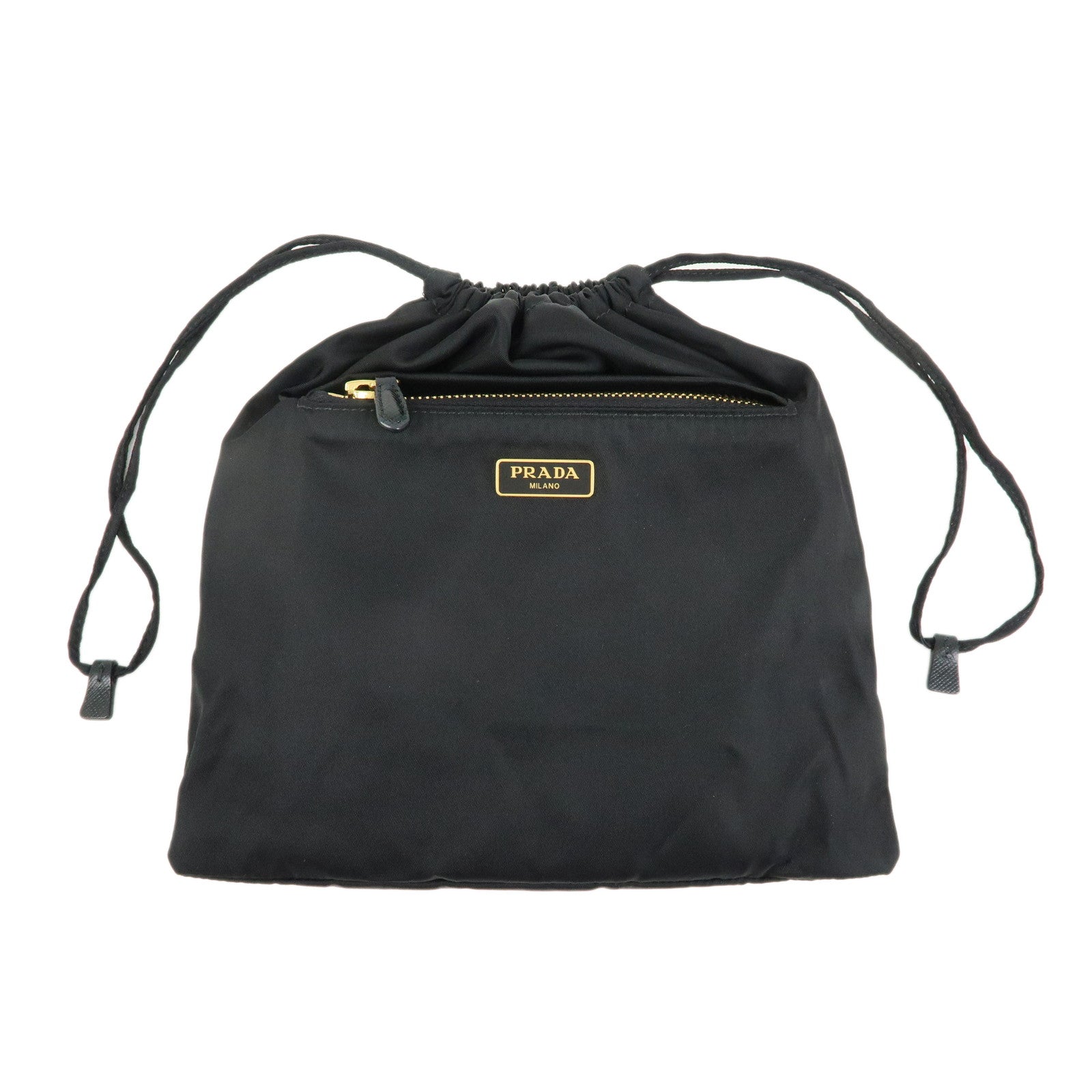 PRADA Triangle Logo Nylon Saffiano Leather Drawstring Pouch Black