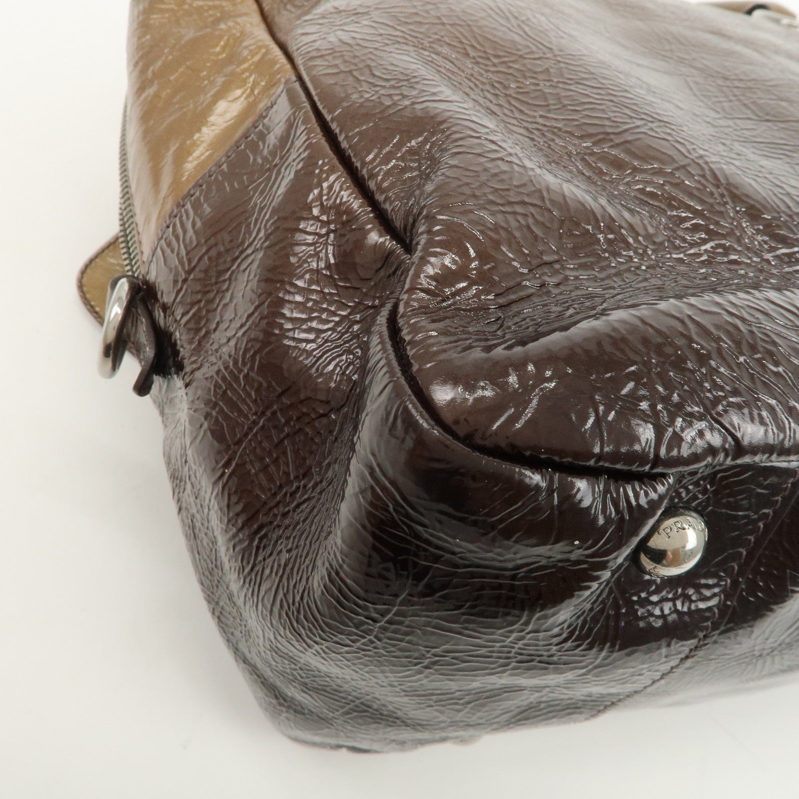PRADA Logo Patent Leather Hand Bag Boston Bag Brown BL0555