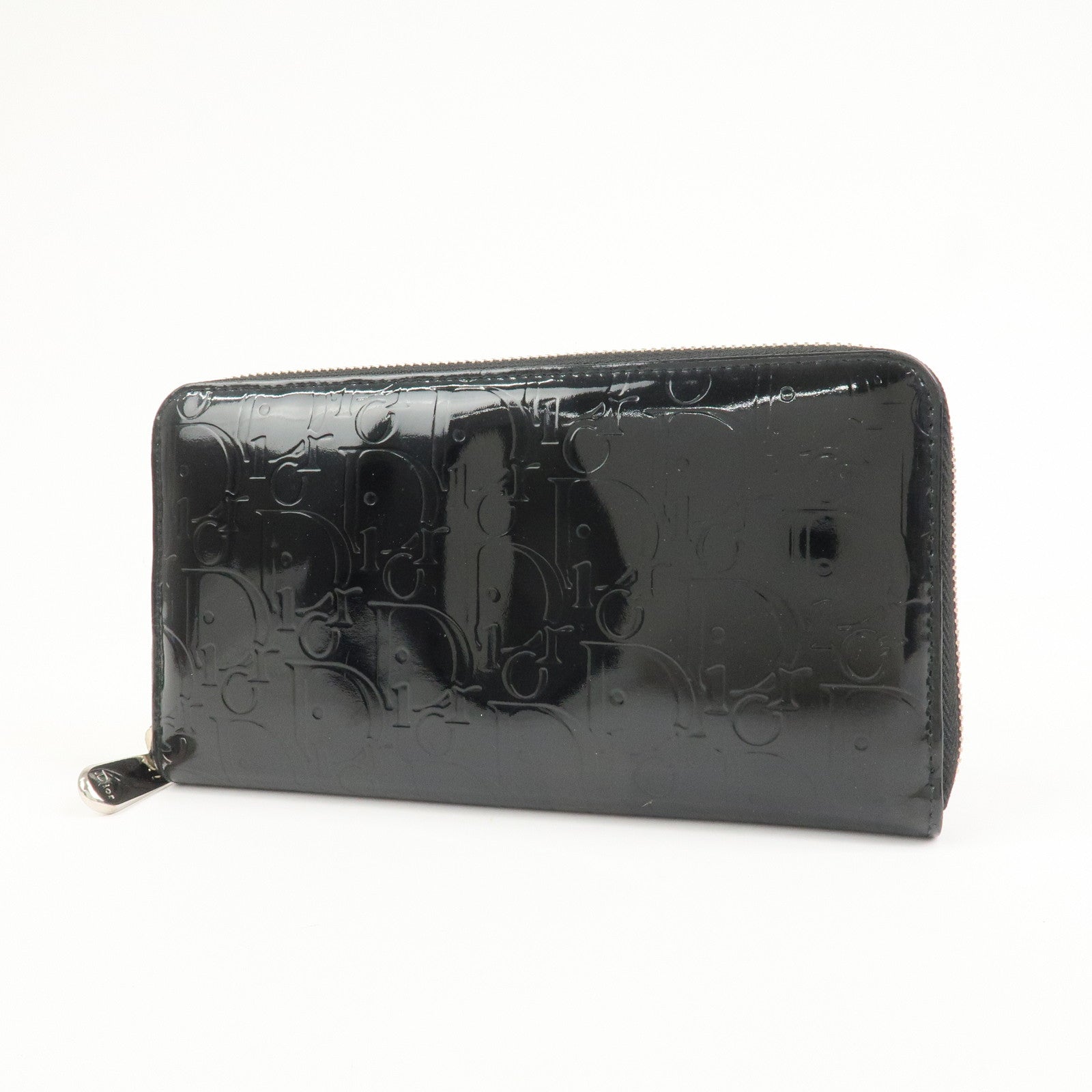 Christian Dior Trotter Patent Leather Round Zippy Long Wallet Black