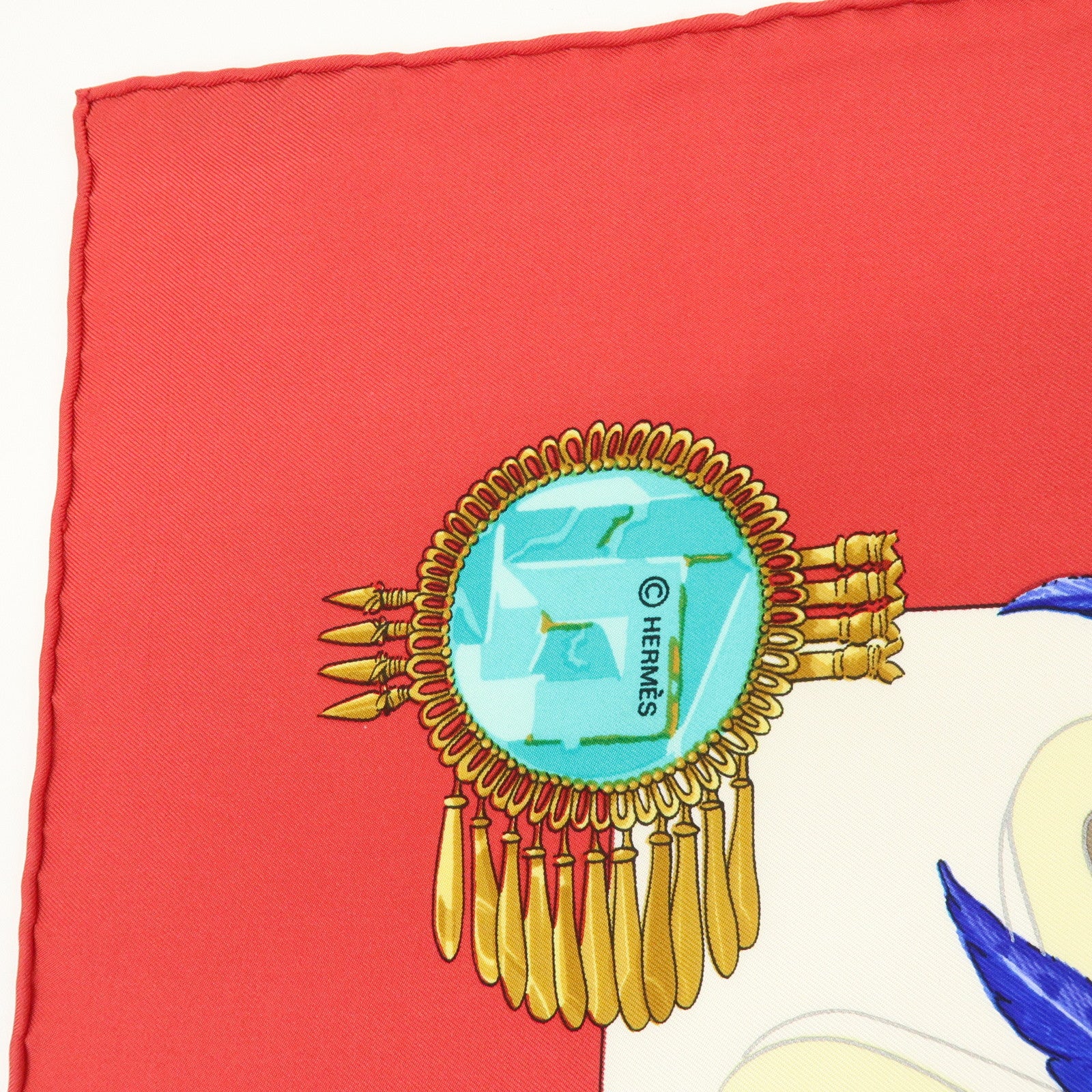 HERMES Carre 90 Silk 100% Scarf MEXIQUE Red Gold Blue