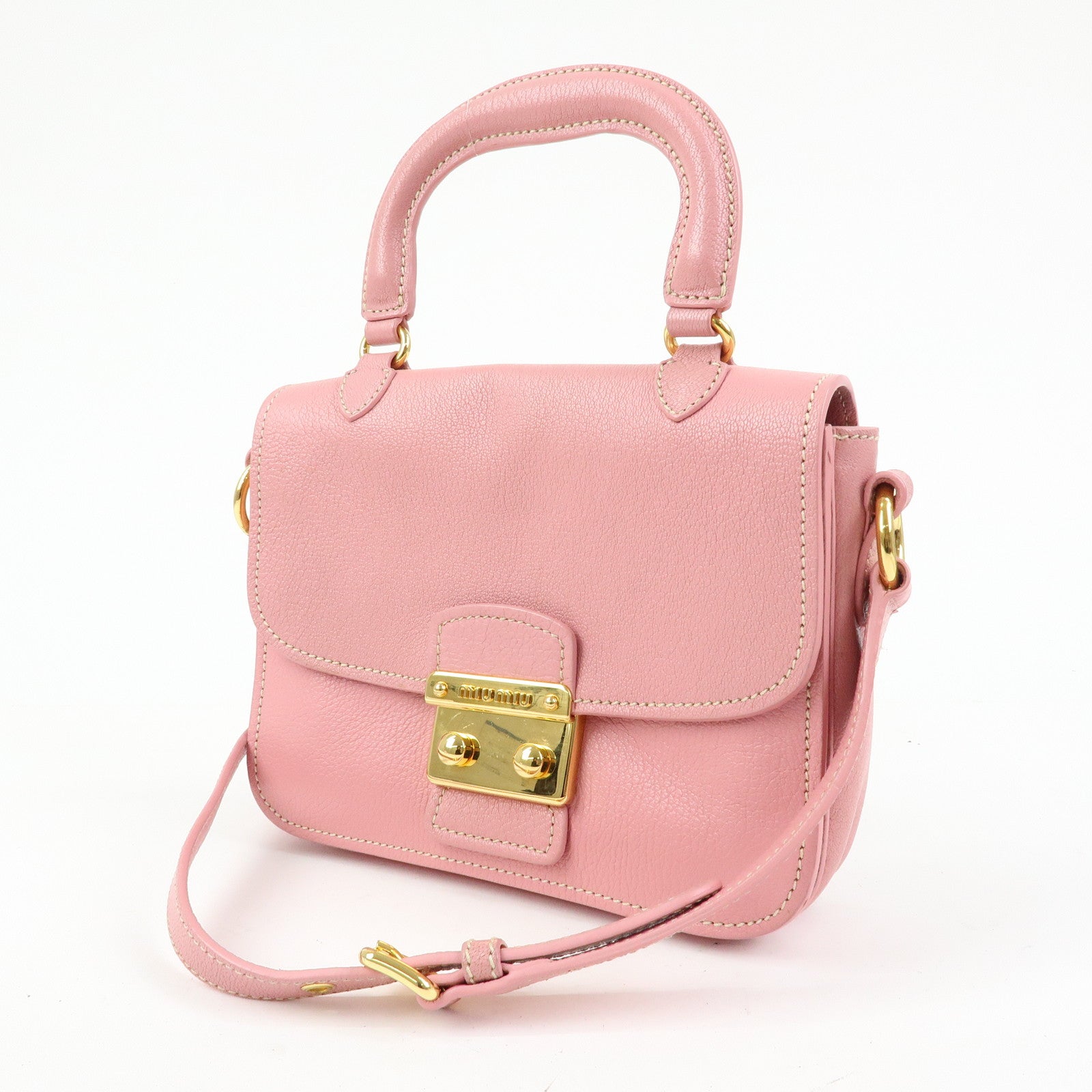 MIU MIU Madras Leather Top Handle 2Way Bag Hand Bag Pink RN0717