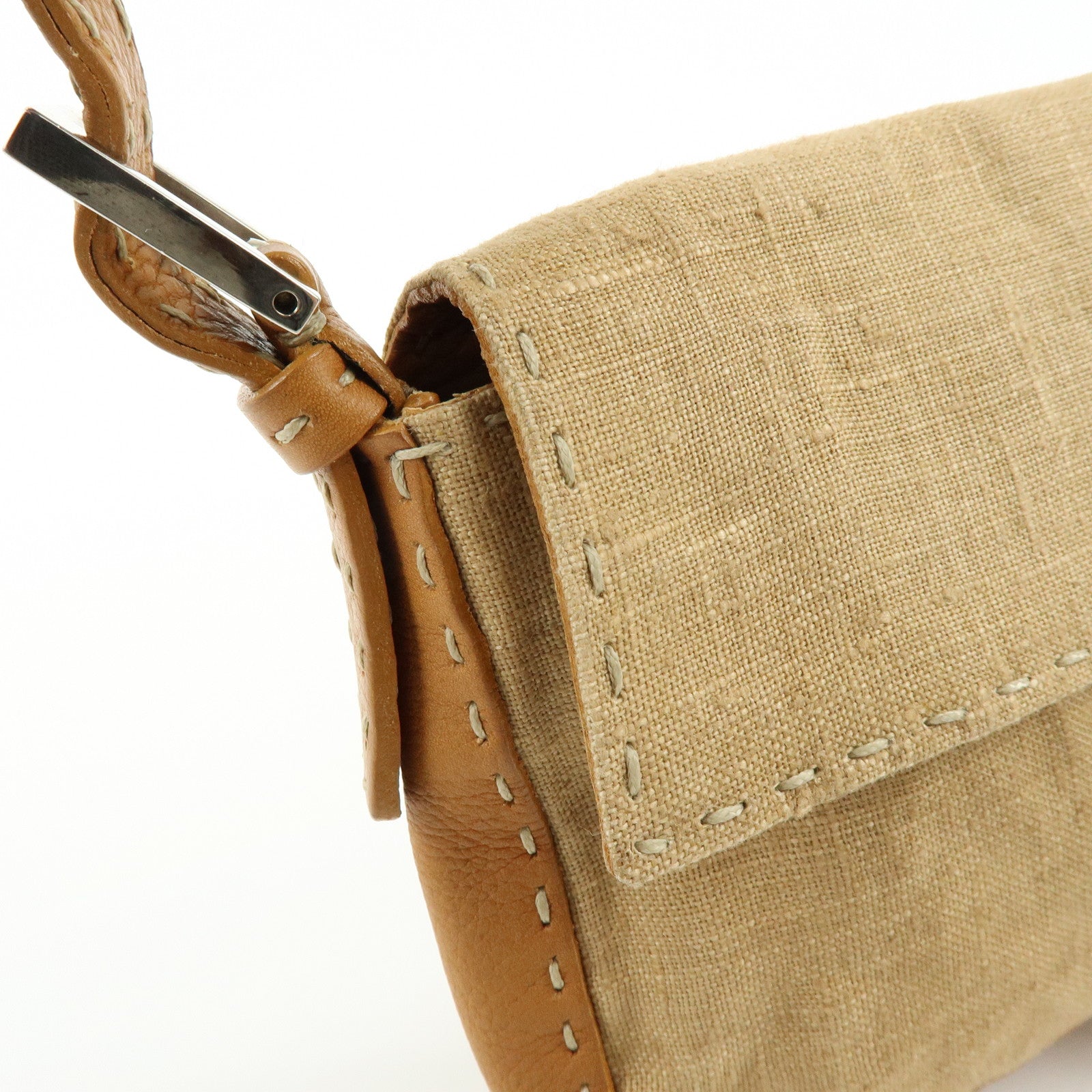 FENDI Mamma Baguette Selleria Linen Leather Shoulder Bag 8BR101