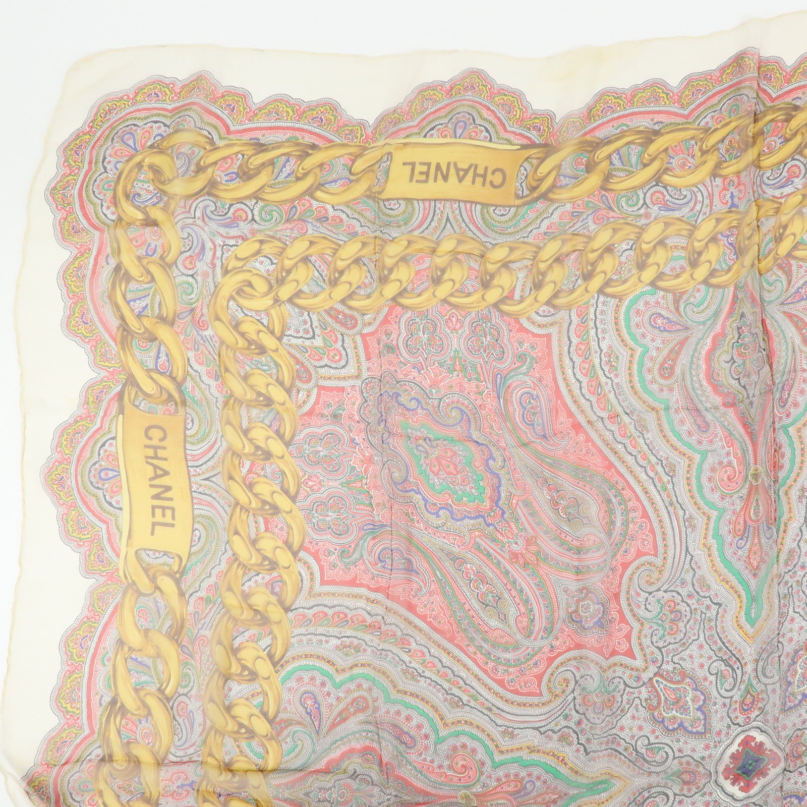 CHANEL Silk 100% Paisley Chain Pattern Scarf Gold Red