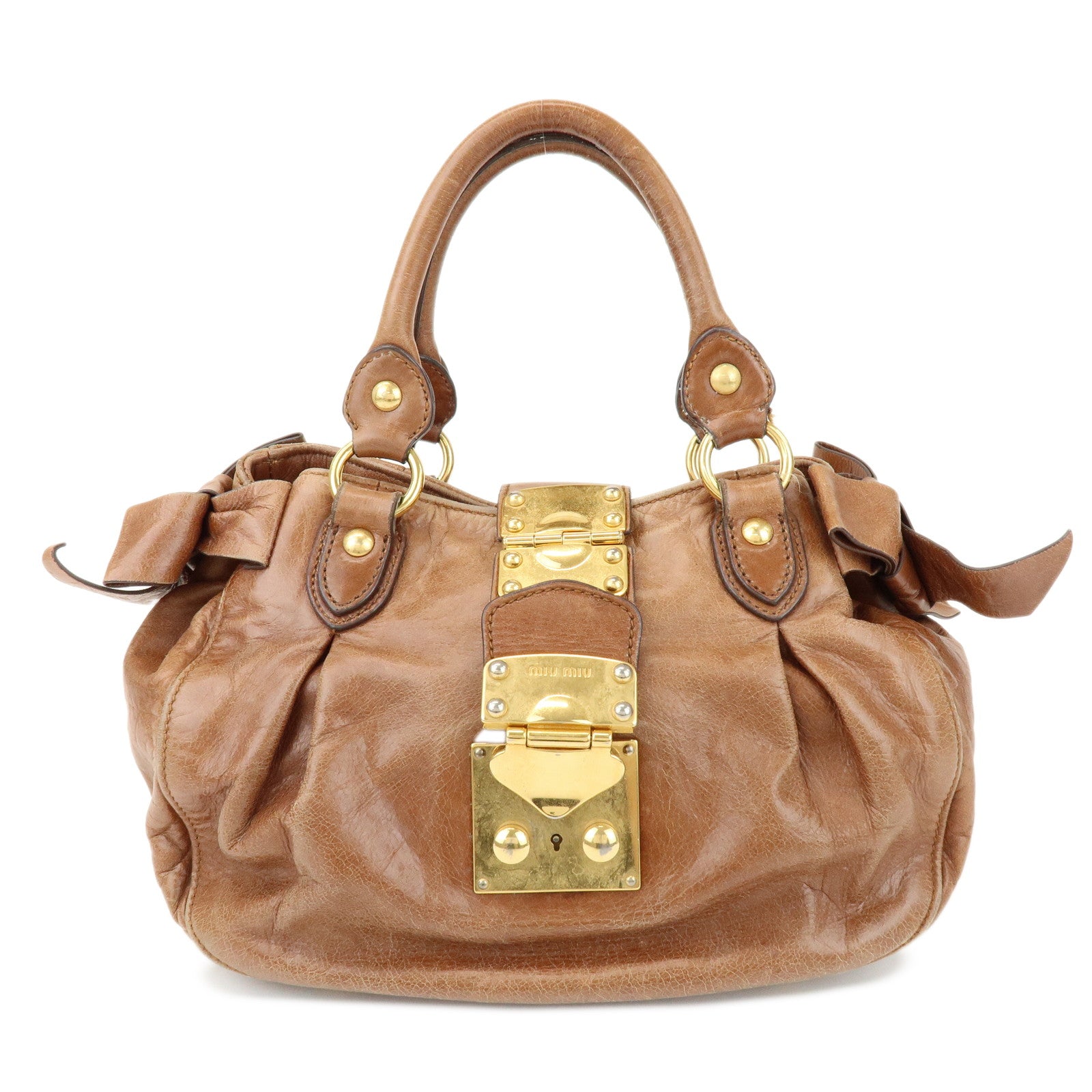 MIU MIU Leather Side Ribbon 2Way Shoulder Bag Hand Bag Brown RN0686