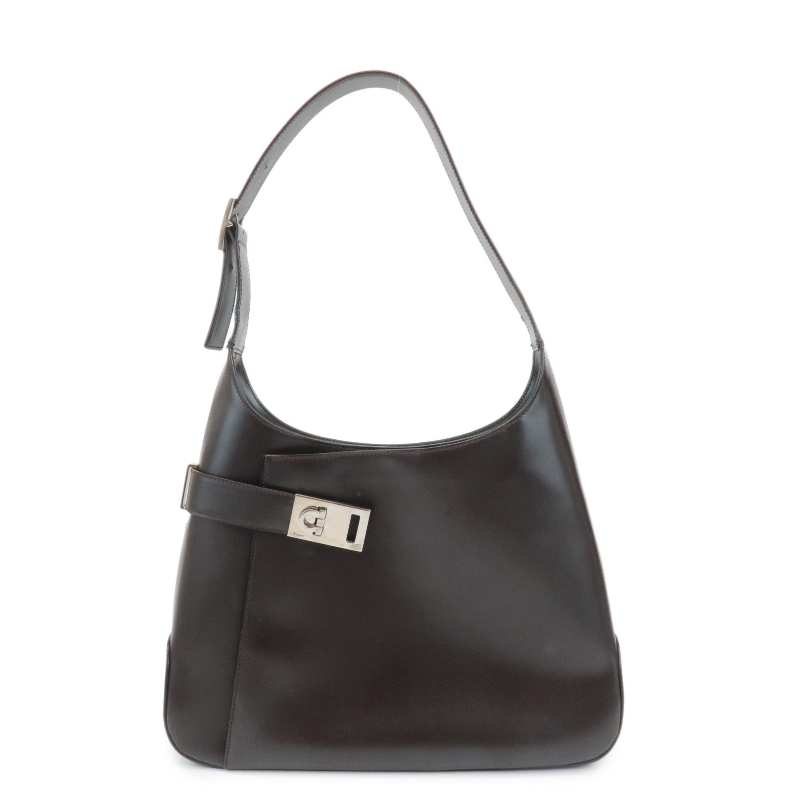 Ferragamo Gancini Leather Shoulder Bag Hand Bag Dark Brown Used