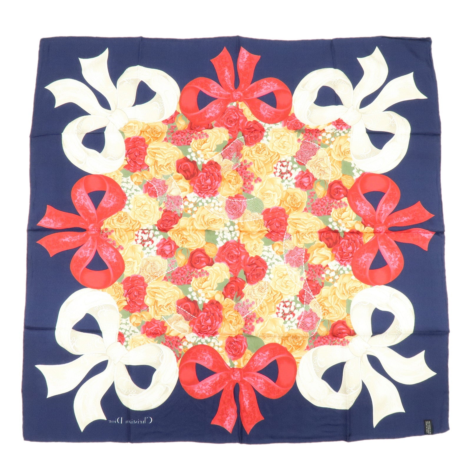 Christian Dior Silk 100% Scarf Flowers Motif Navy Red Orange