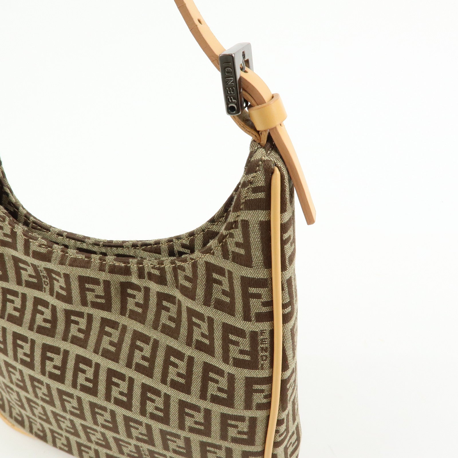 FENDI Zucchino Canvas Leather Hand Bag Khaki Beige 8BR157