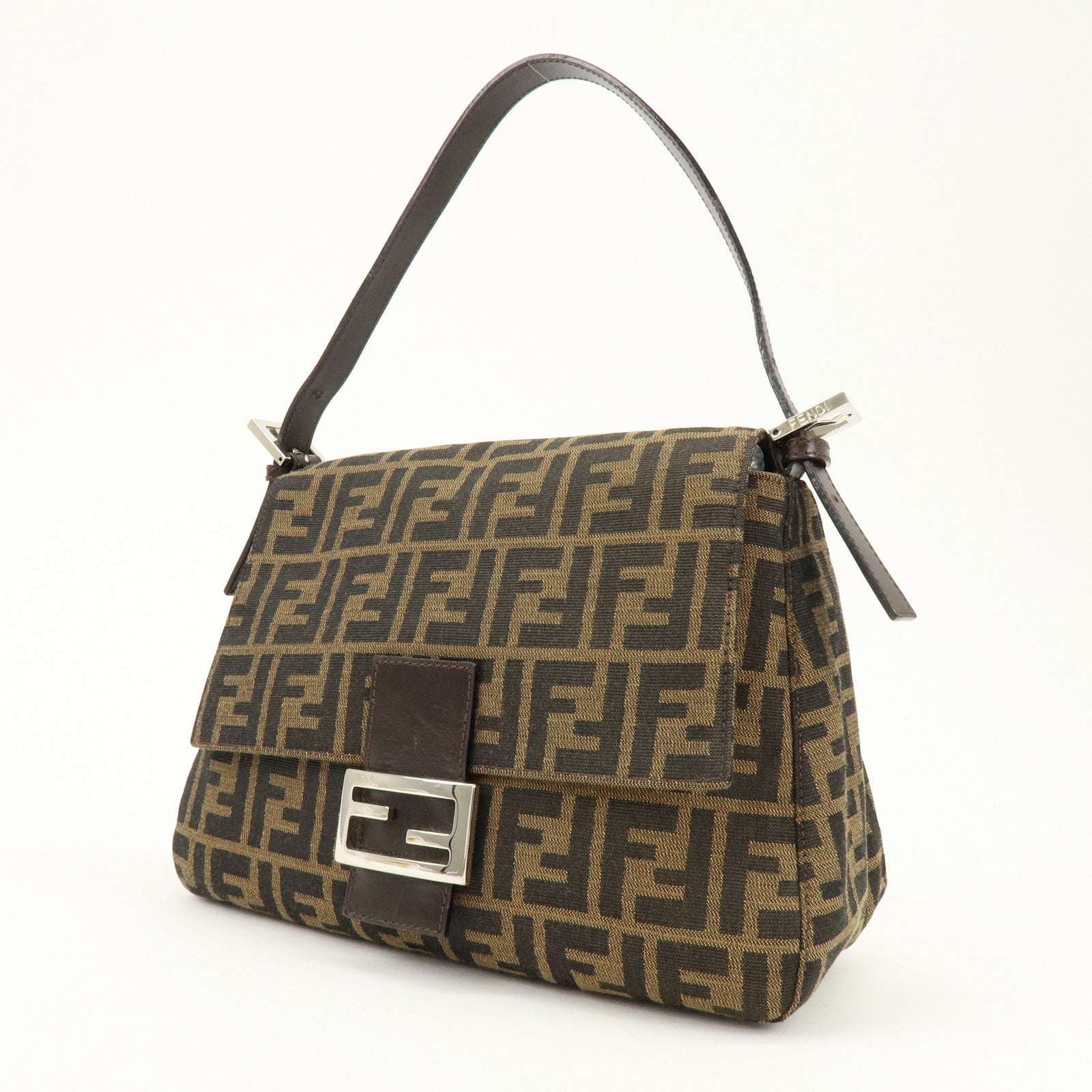 FENDI Mamma Baguette Zucca Canvas Leather Shoulder Bag Brown 26325