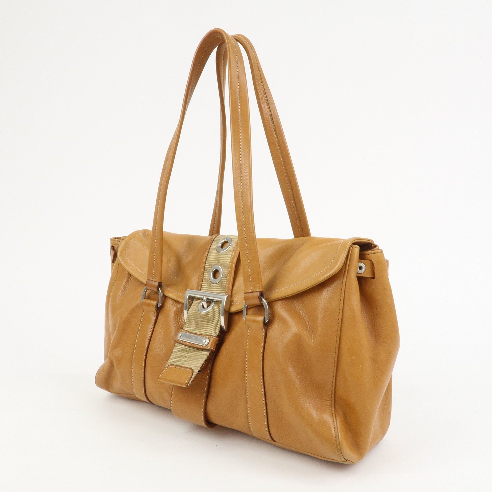 PRADA Triangle Logo Leather Nylon Shoulder Bag Brown BR2418