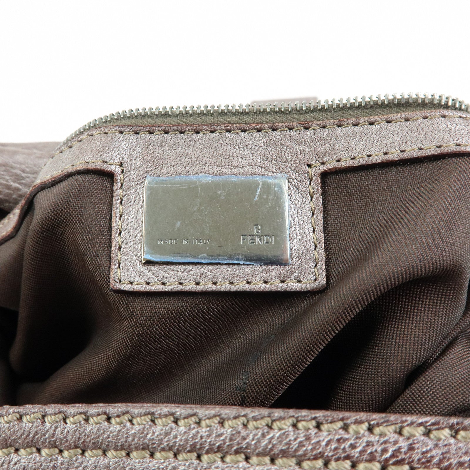 FENDI Mamma Baguette Leather Shoulder Bag Metallic Brown 8BR001