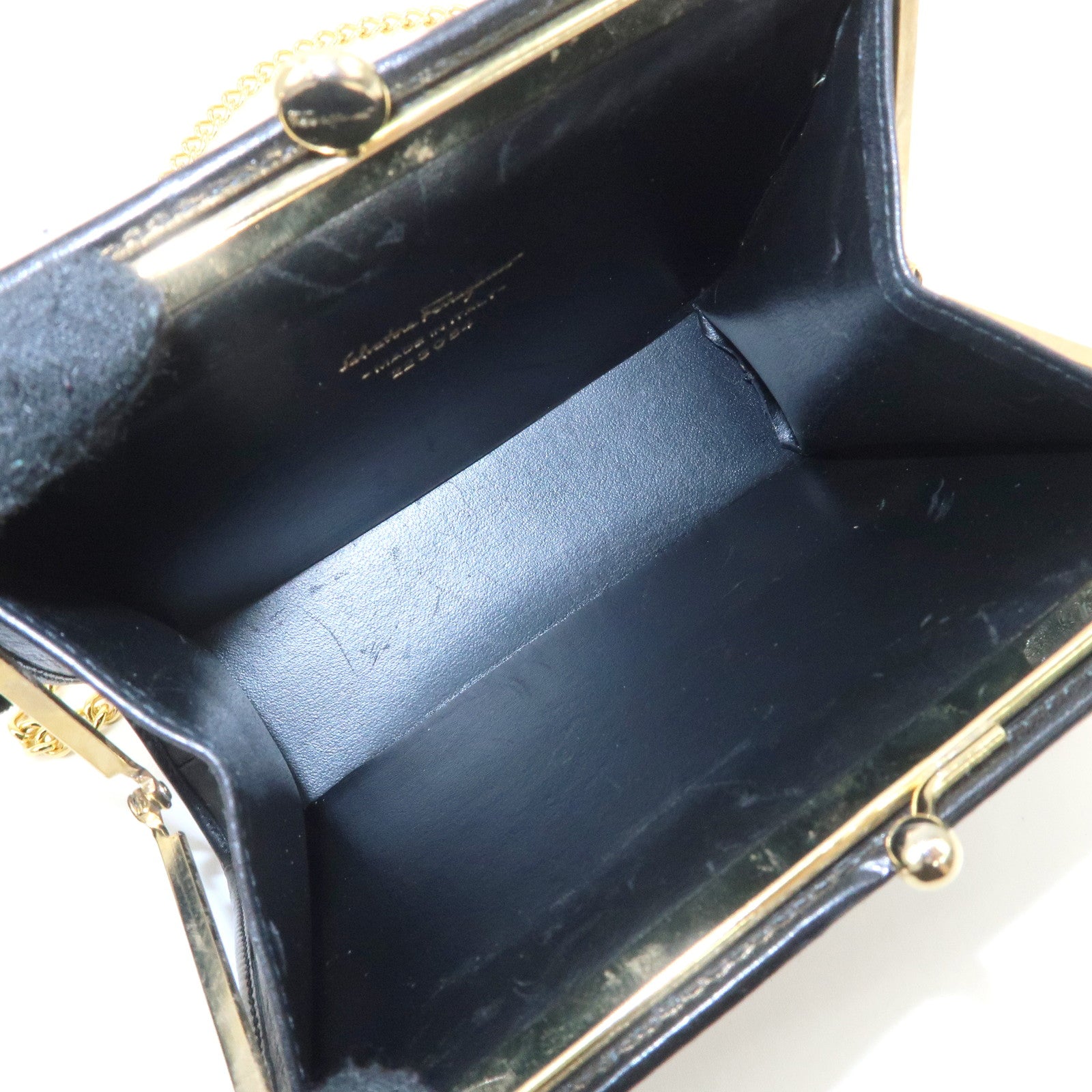 Ferragamo Vara Leather Ribbon Mini Chain Shoulder Bag Black Used