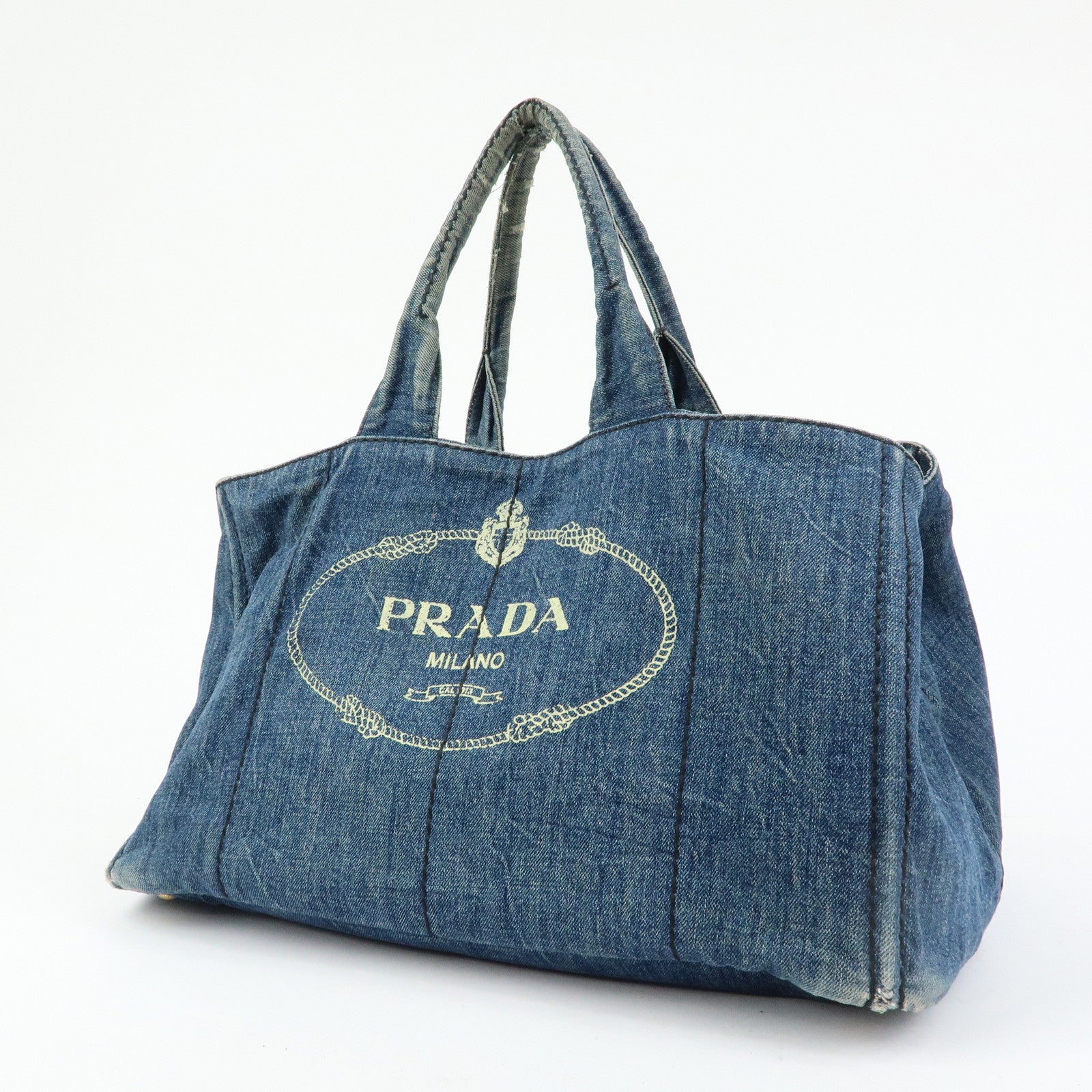 PRADA Triangle Logo Canapa Denim Tote Bag Hand Bag Shoulder Bag