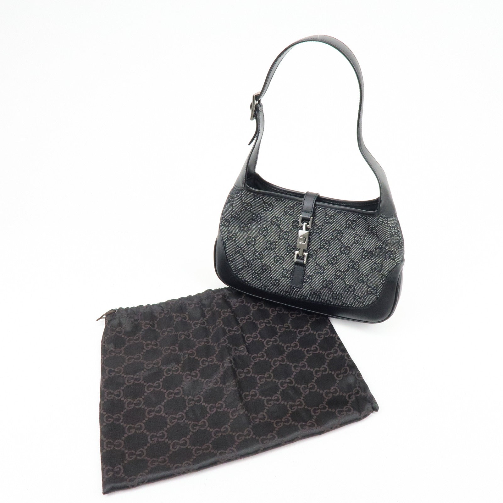 GUCCI Jackie GG Denim Leather Shoulder Bag Hand Bag Black 01147