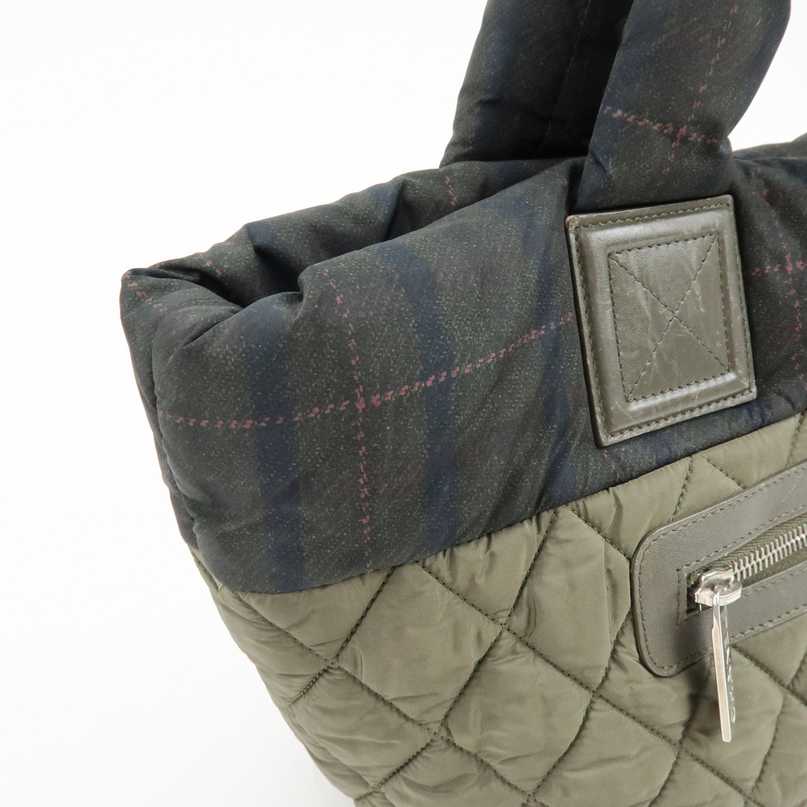 CHANEL COCO Cocoon PM Nylon Tote Bag Dark Green Plaid A48610