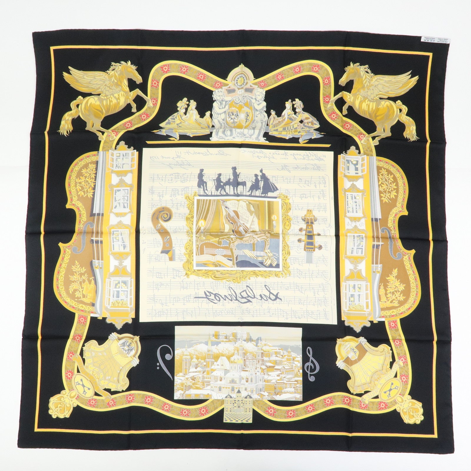 HERMES Carre 90 Silk 100% Scarf IN SALZBURG Black Gold