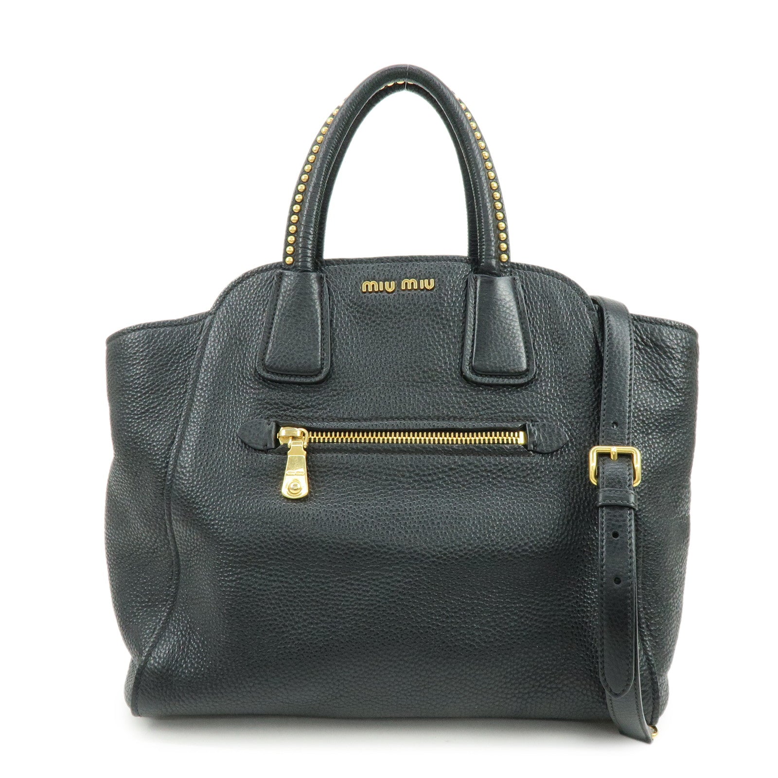 MIU MIU Logo Leather 2Way Bag Hand Bag Shoulder Bag Studs Black