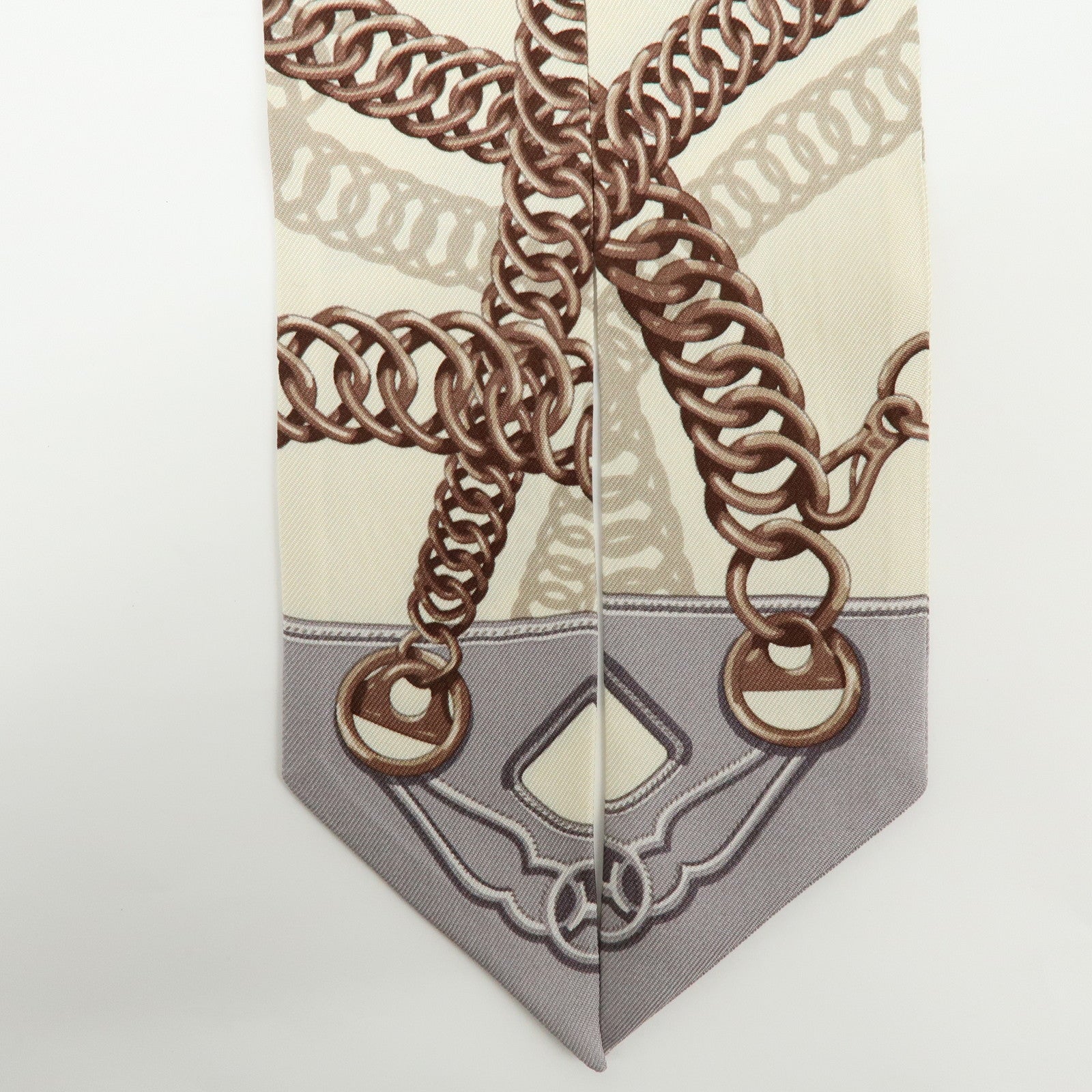 HERMES Twilly Silk 100% Scarf Chain Print Ivory Brown