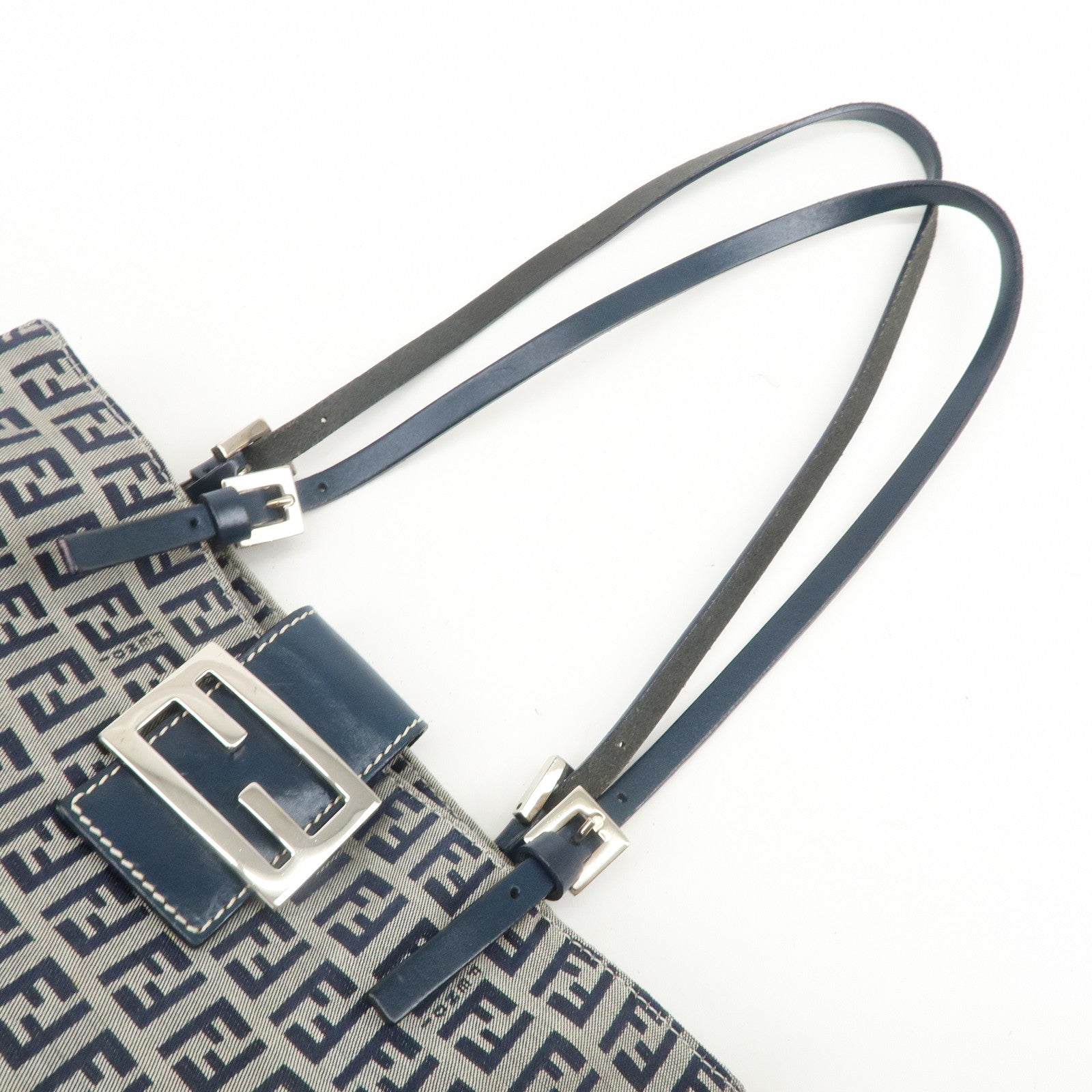 FENDI Zucchino Canvas Leather Tote Bag Shoulder Bag Navy Gray